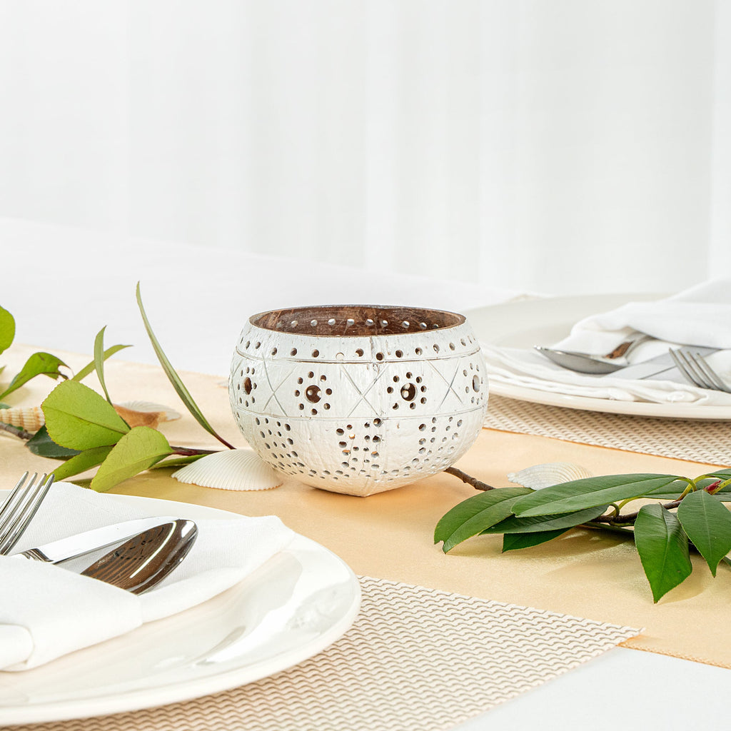 Coco Casa White Handmade Coconut Shell Candle Holder - Sun and Light Pattern - 4" x 4" x 3 1/4" - 1 count box