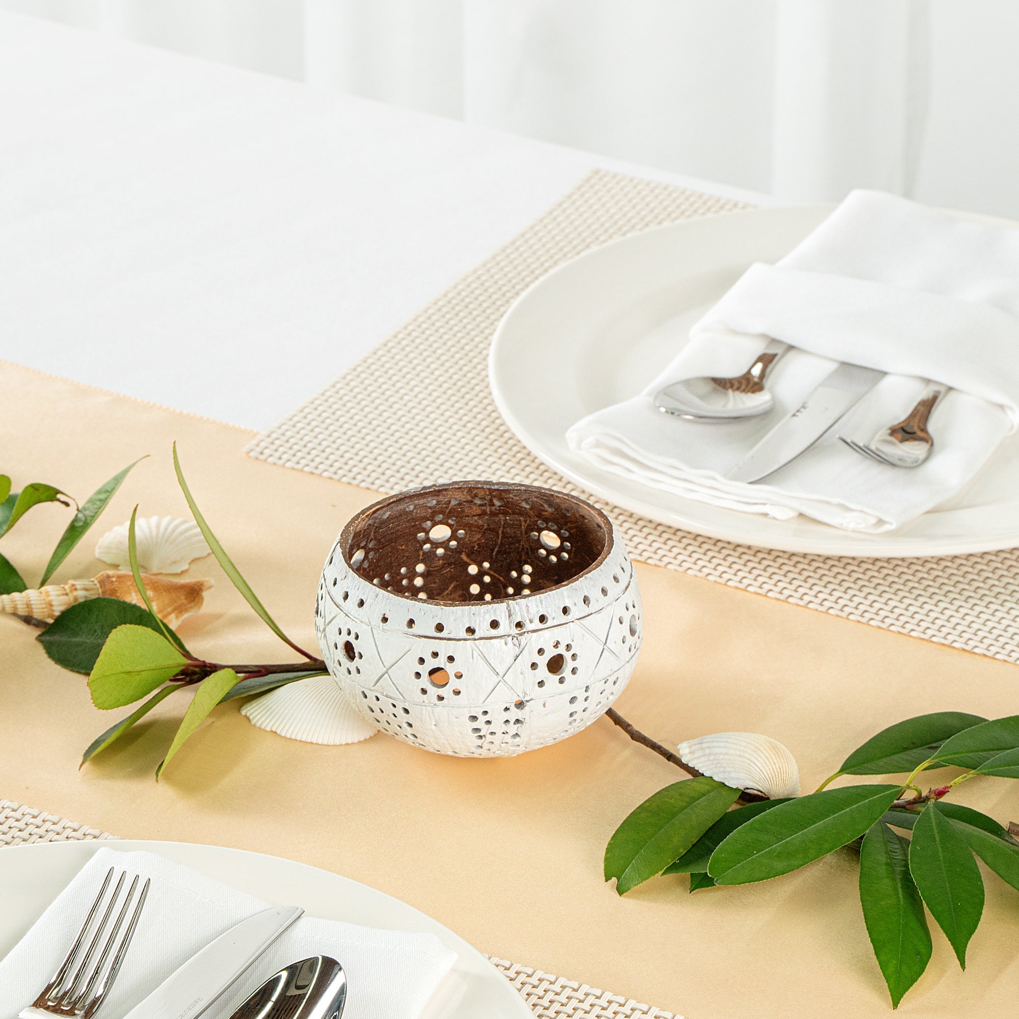 Coco Casa White Handmade Coconut Shell Candle Holder - Sun and Light Pattern - 4" x 4" x 3 1/4" - 1 count box