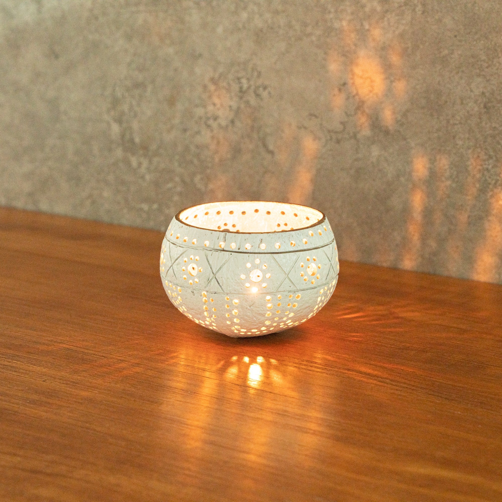 Coco Casa White Handmade Coconut Shell Candle Holder - Sun and Light Pattern - 4" x 4" x 3 1/4" - 1 count box