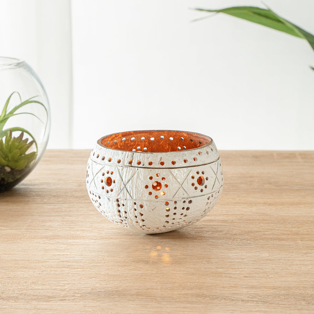 Coco Casa White Handmade Coconut Shell Candle Holder - Sun and Light Pattern - 4" x 4" x 3 1/4" - 10 count box