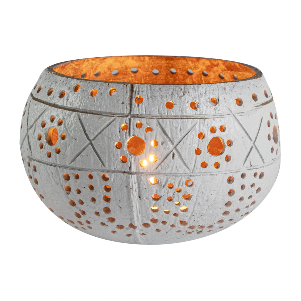 Coco Casa White Handmade Coconut Shell Candle Holder - Sun and Light Pattern - 4" x 4" x 3 1/4" - 10 count box
