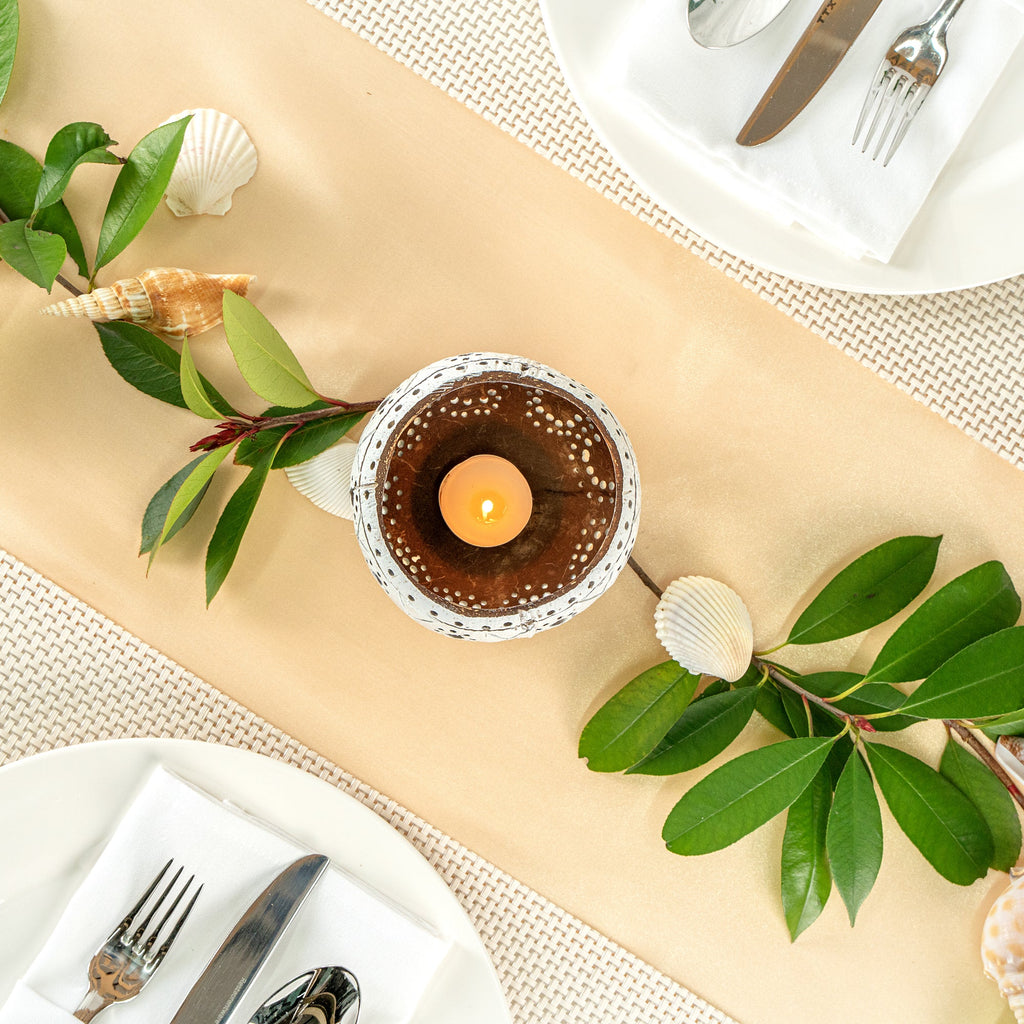 Coco Casa White Handmade Coconut Shell Candle Holder - Sun and Light Pattern - 4" x 4" x 3 1/4" - 10 count box
