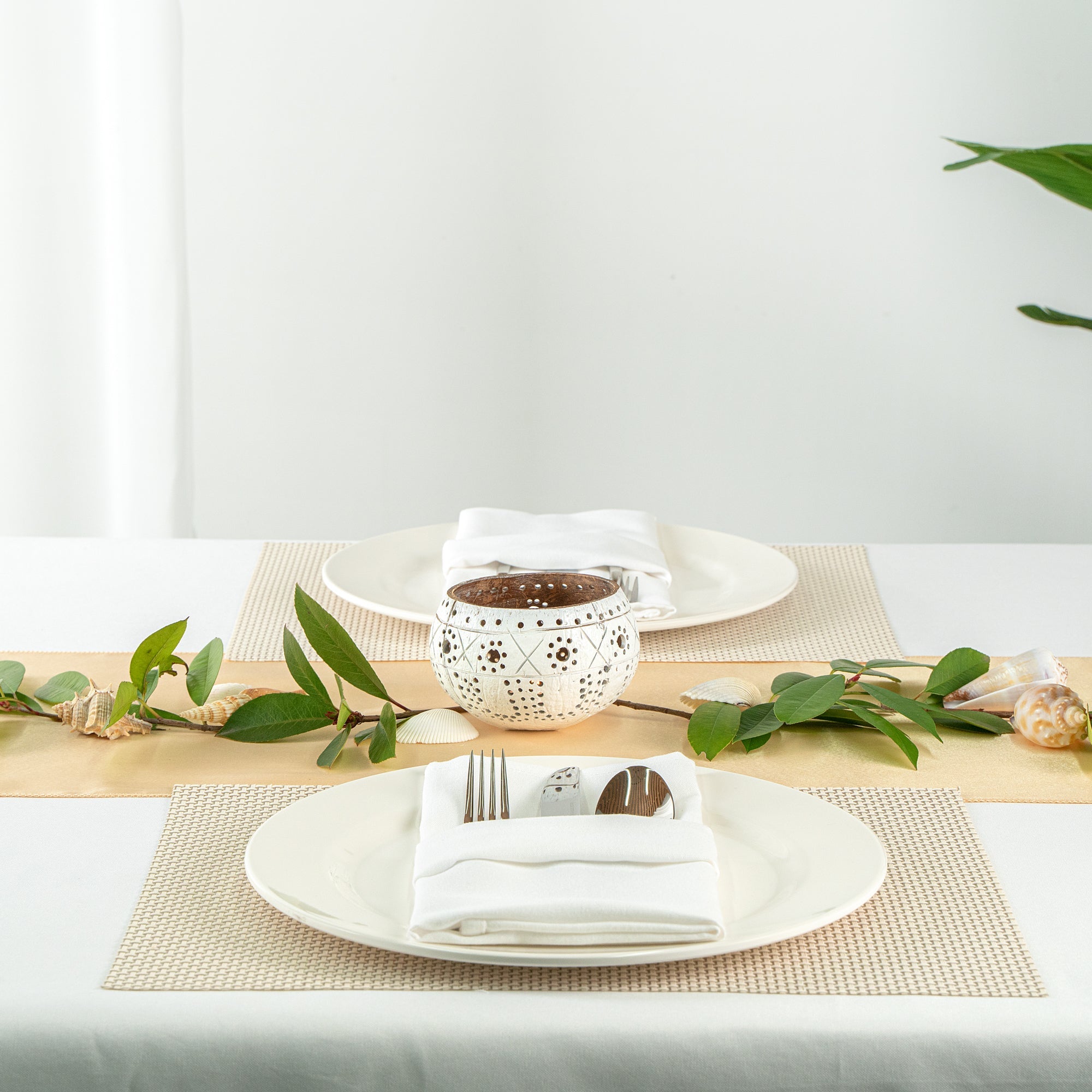 Coco Casa White Handmade Coconut Shell Candle Holder - Sun and Light Pattern - 4" x 4" x 3 1/4" - 10 count box