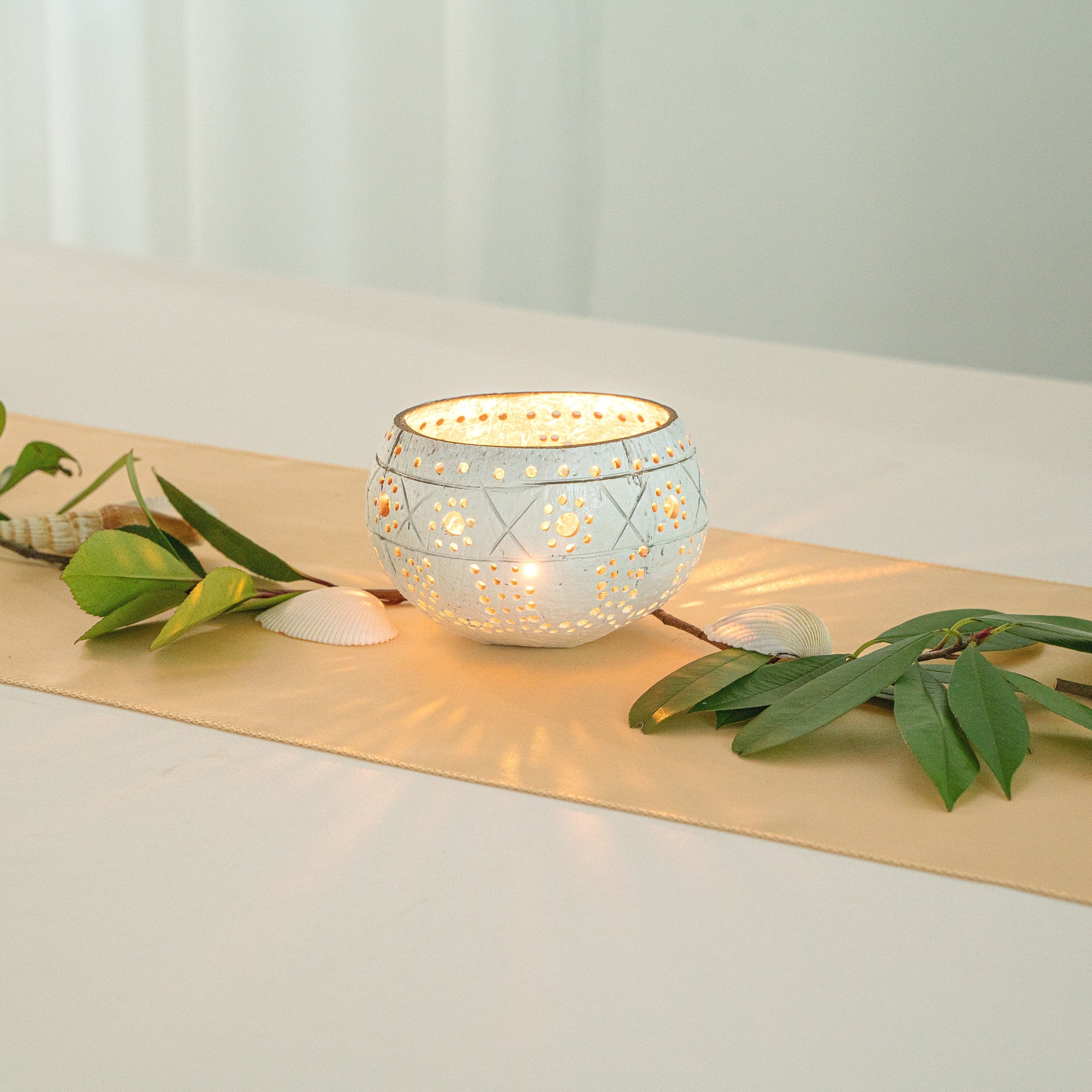 Coco Casa White Handmade Coconut Shell Candle Holder - Sun and Light Pattern - 4" x 4" x 3 1/4" - 10 count box