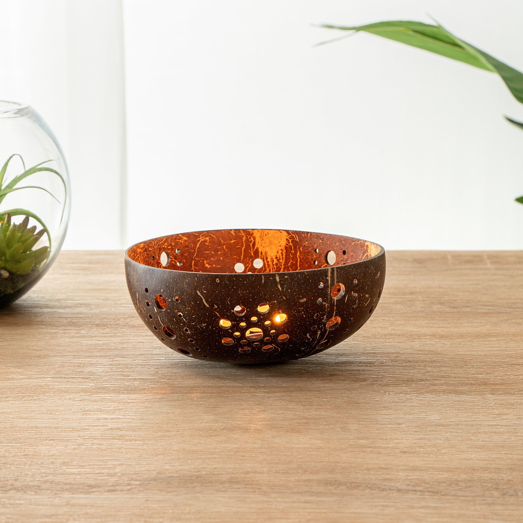 Coco Casa Brown Handmade Coconut Shell Candle Holder - Sun Pattern - 5" x 5" x 2" - 1 count box