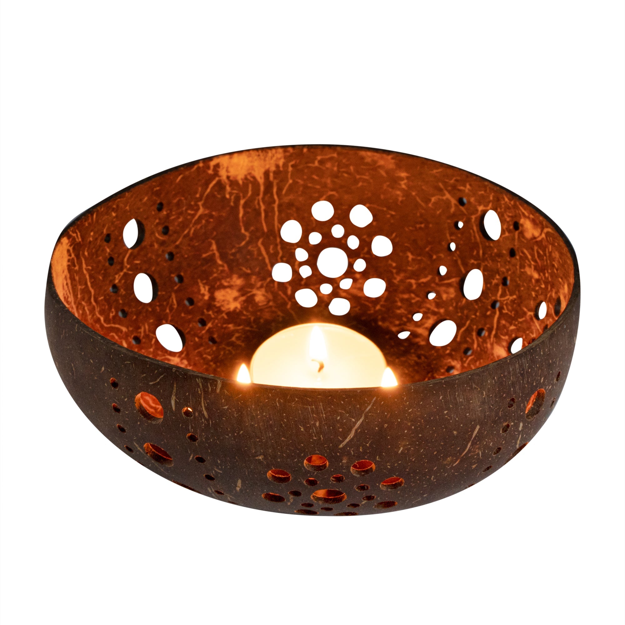 Coco Casa Brown Handmade Coconut Shell Candle Holder - Sun Pattern - 5" x 5" x 2" - 1 count box