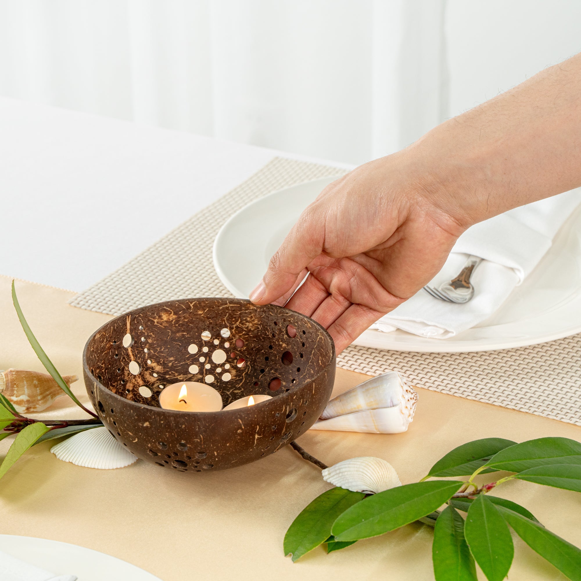 Coco Casa Brown Handmade Coconut Shell Candle Holder - Sun Pattern - 5" x 5" x 2" - 1 count box