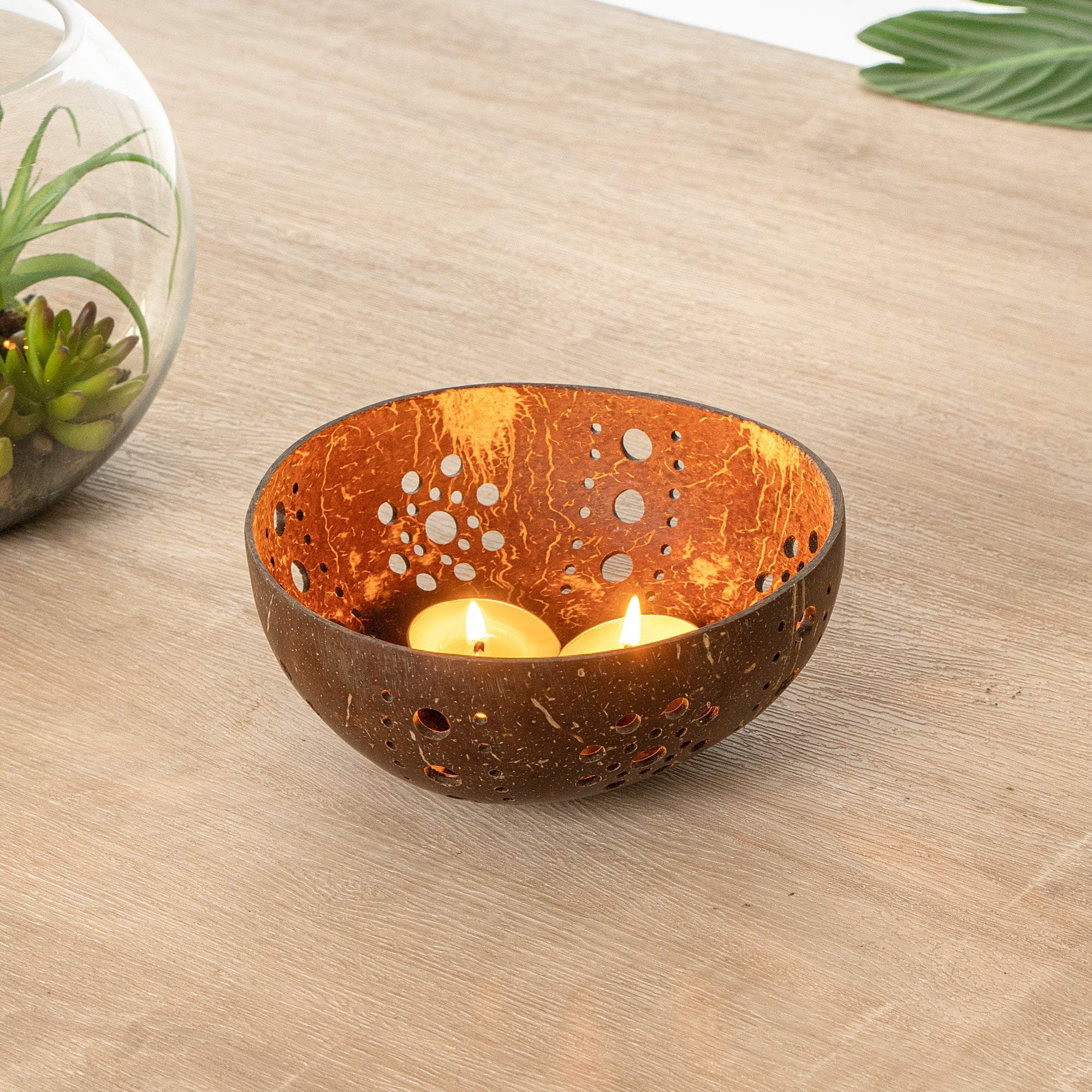 Coco Casa Brown Handmade Coconut Shell Candle Holder - Sun Pattern - 5" x 5" x 2" - 1 count box