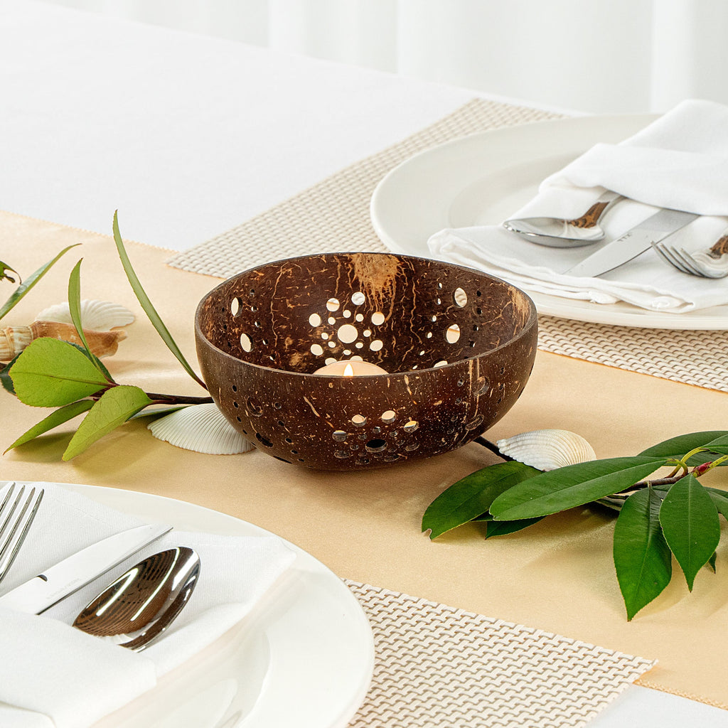 Coco Casa Brown Handmade Coconut Shell Candle Holder - Sun Pattern - 5" x 5" x 2" - 1 count box