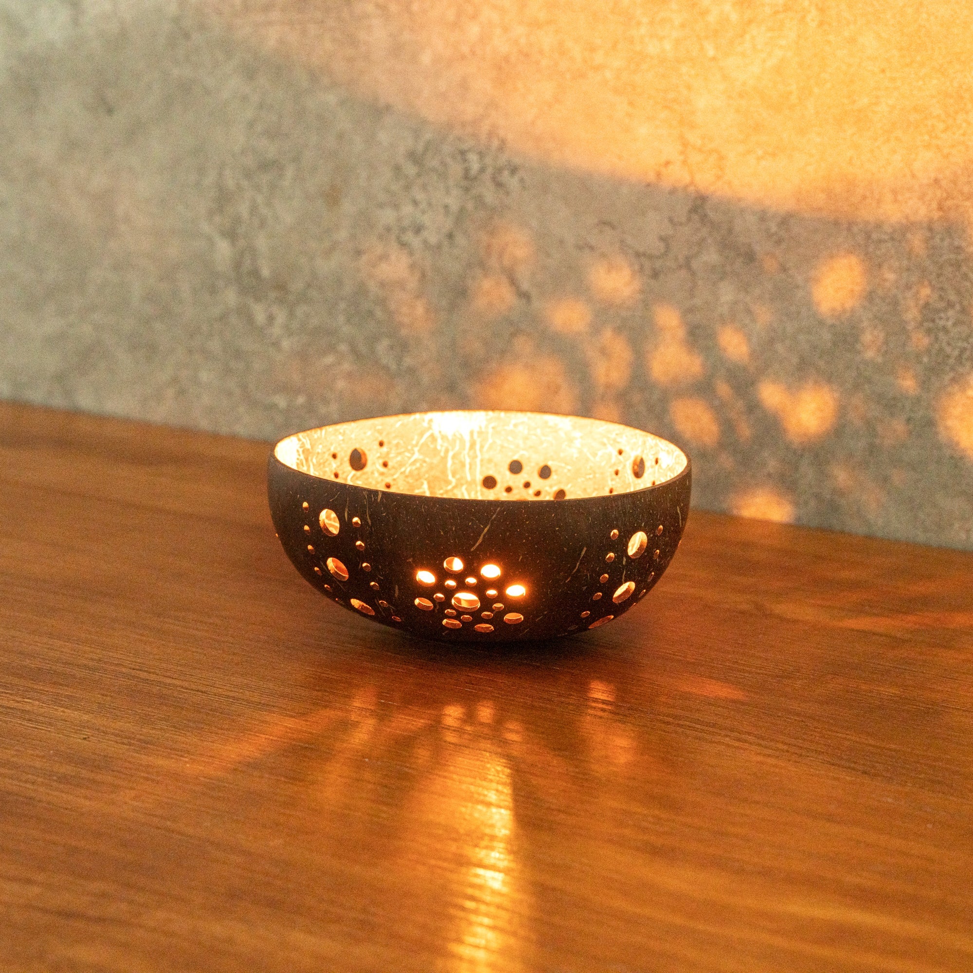 Coco Casa Brown Handmade Coconut Shell Candle Holder - Sun Pattern - 5" x 5" x 2" - 1 count box