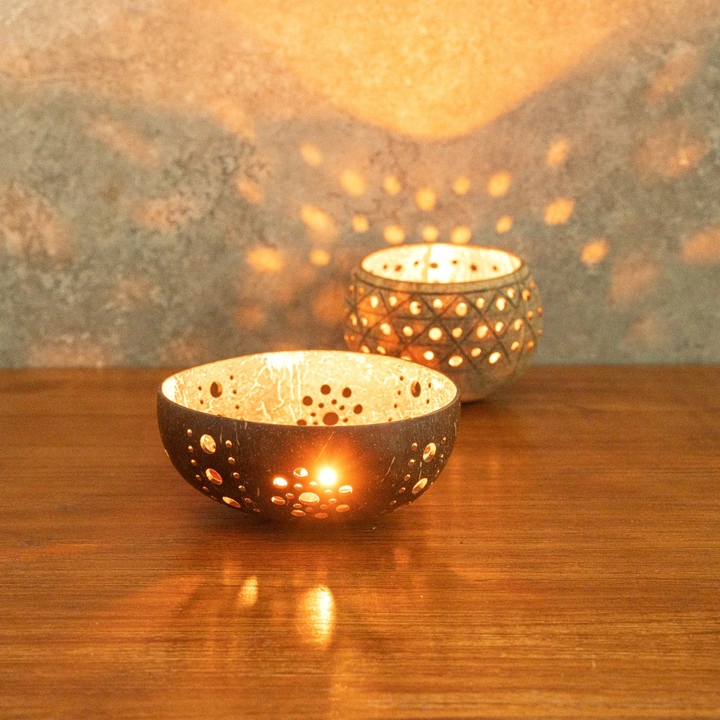 Coco Casa Brown Handmade Coconut Shell Candle Holder - Sun Pattern - 5" x 5" x 2" - 1 count box