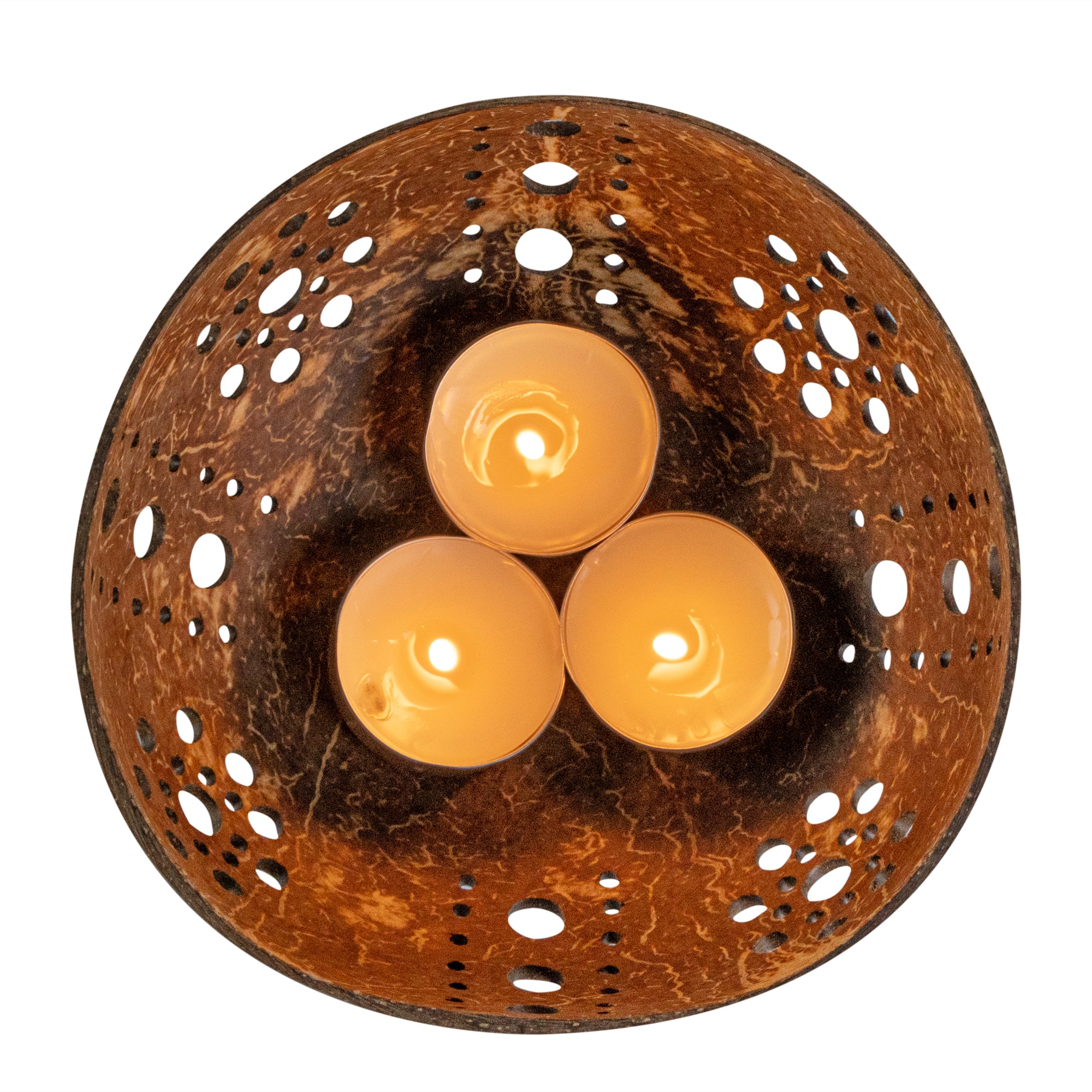 Coco Casa Brown Handmade Coconut Shell Candle Holder - Sun Pattern - 5" x 5" x 2" - 10 count box