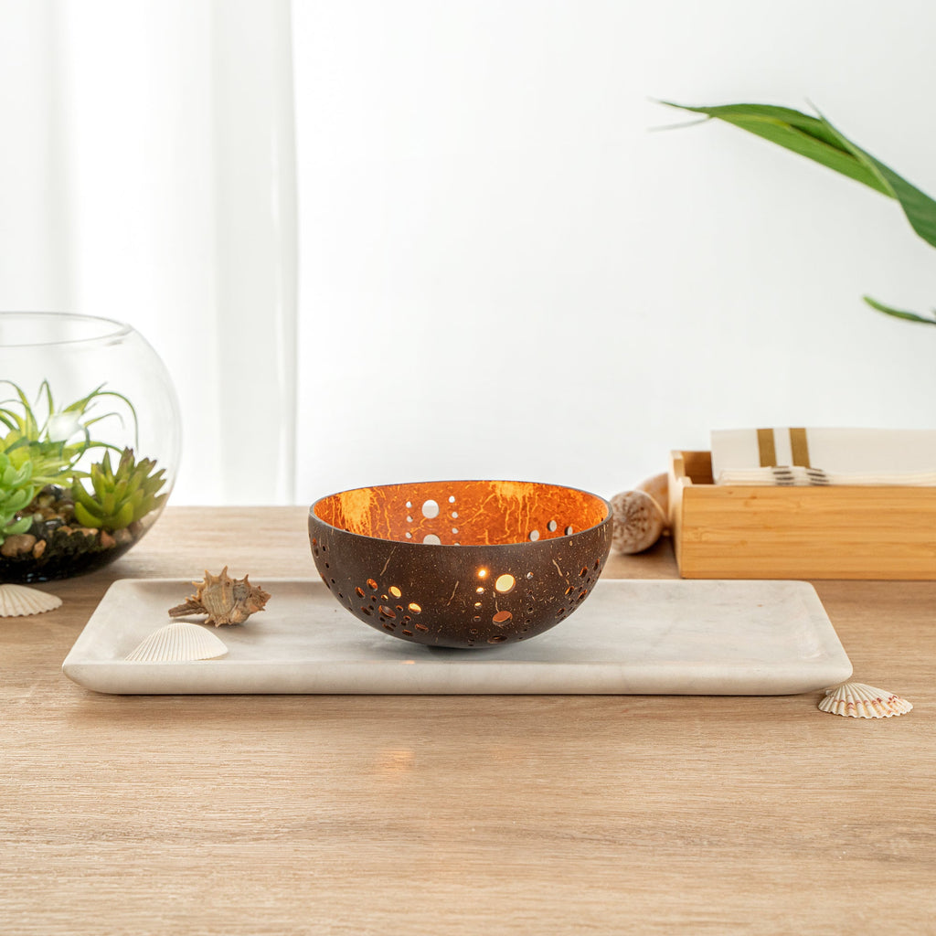 Coco Casa Brown Handmade Coconut Shell Candle Holder - Sun Pattern - 5" x 5" x 2" - 10 count box