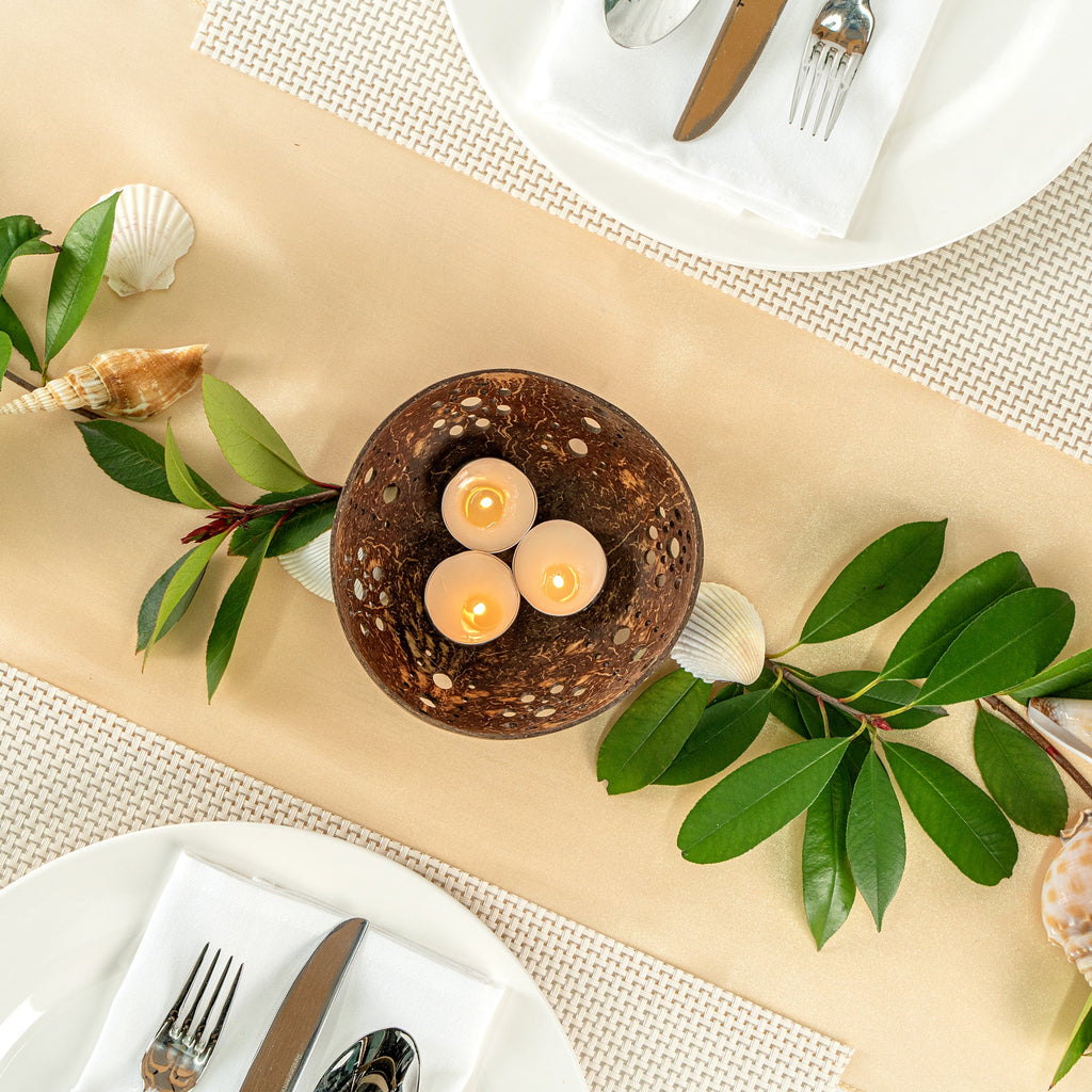 Coco Casa Brown Handmade Coconut Shell Candle Holder - Sun Pattern - 5" x 5" x 2" - 10 count box