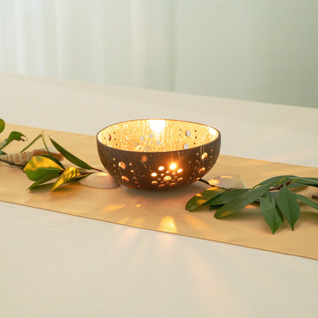 Coco Casa Brown Handmade Coconut Shell Candle Holder - Sun Pattern - 5" x 5" x 2" - 10 count box