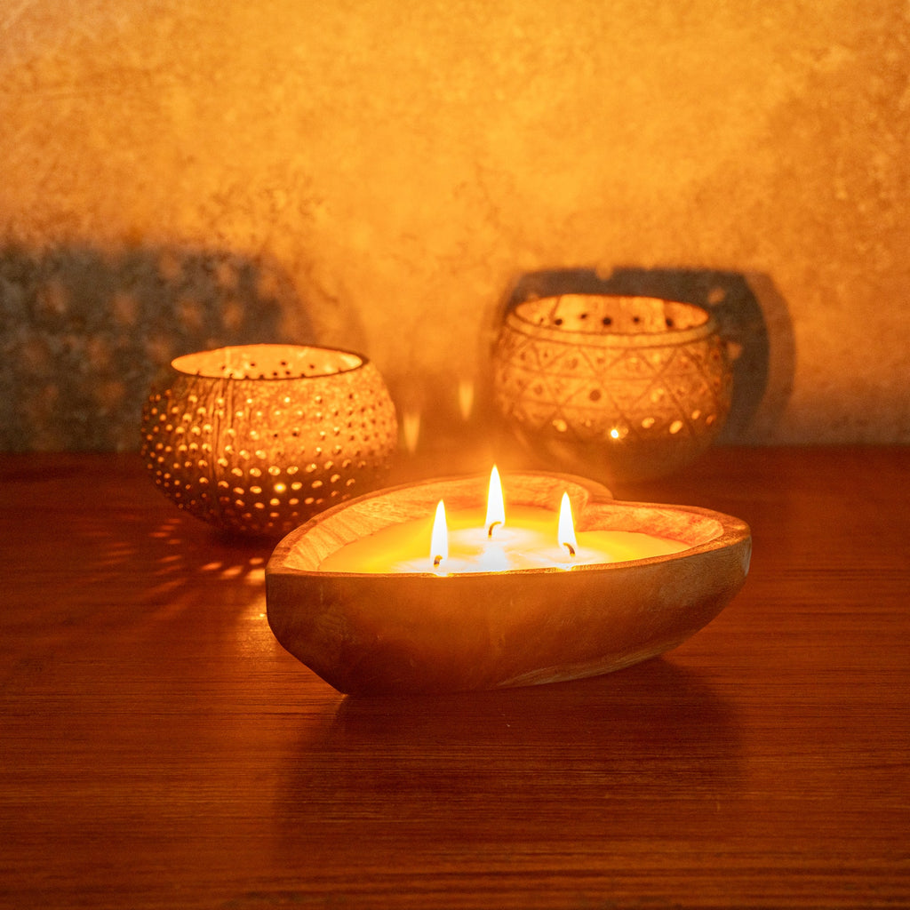 Coco Casa Handmade Wood Heart Dough Bowl Candle - Cinnamon - 7" x 5 1/2" x 2" - 1 count box