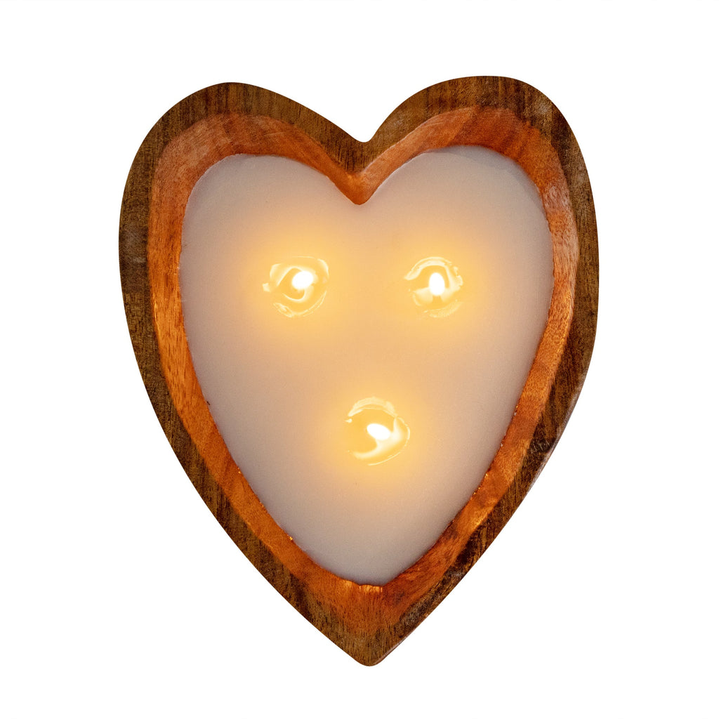 Coco Casa Handmade Wood Heart Dough Bowl Candle - Sandalwood and Shea - 7" x 5 1/2" x 2" - 10 count box