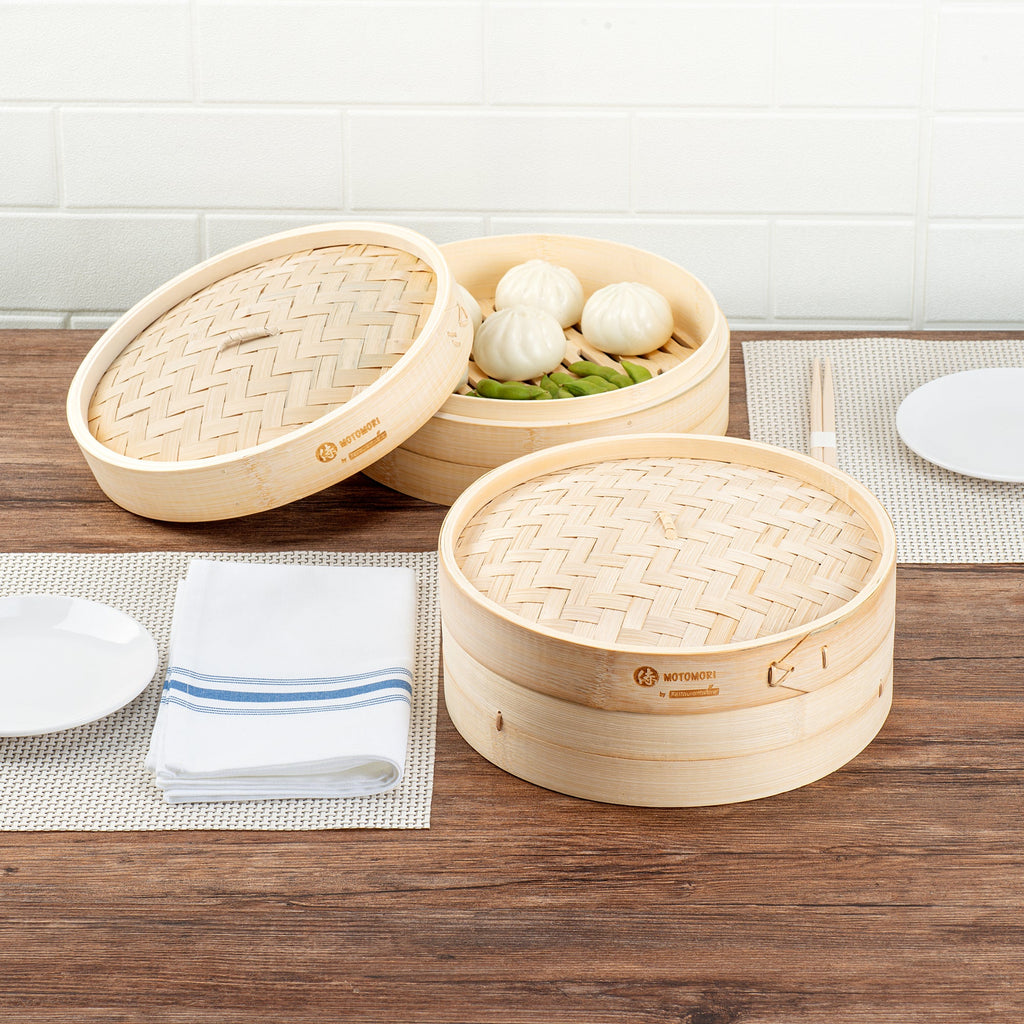 Motomori Round Natural Bamboo Steamer - 10'' x 10'' x 4'' - 1 count box