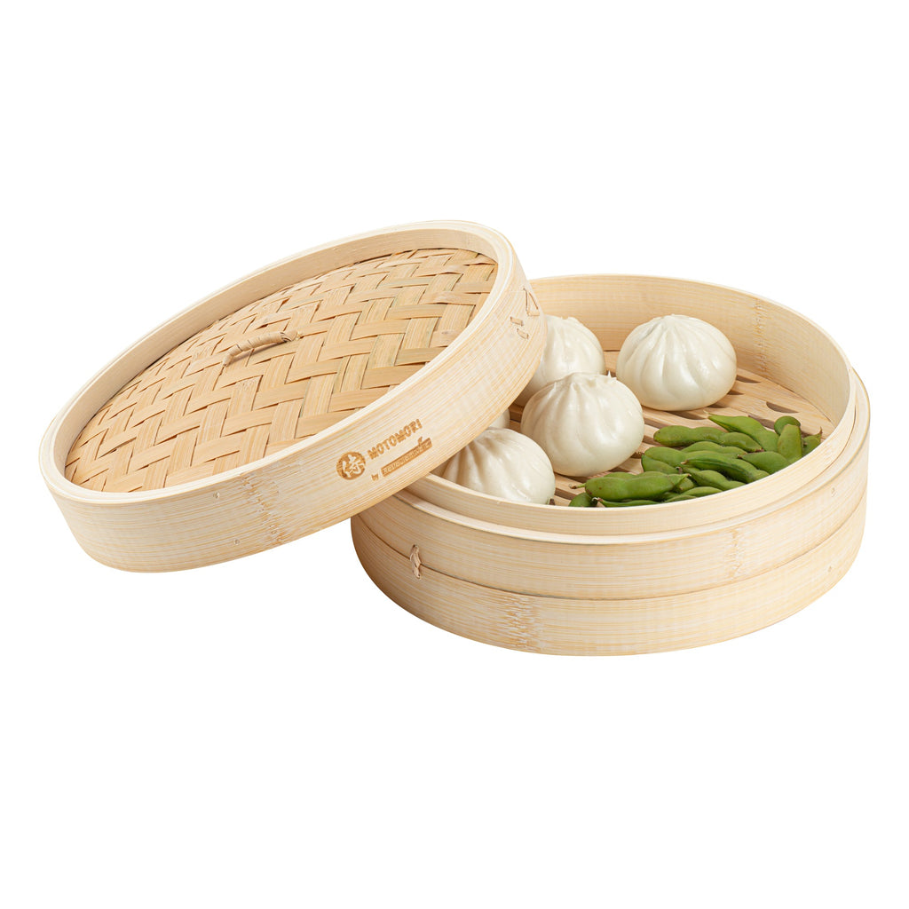 Motomori Round Natural Bamboo Steamer - 10'' x 10'' x 4'' - 1 count box
