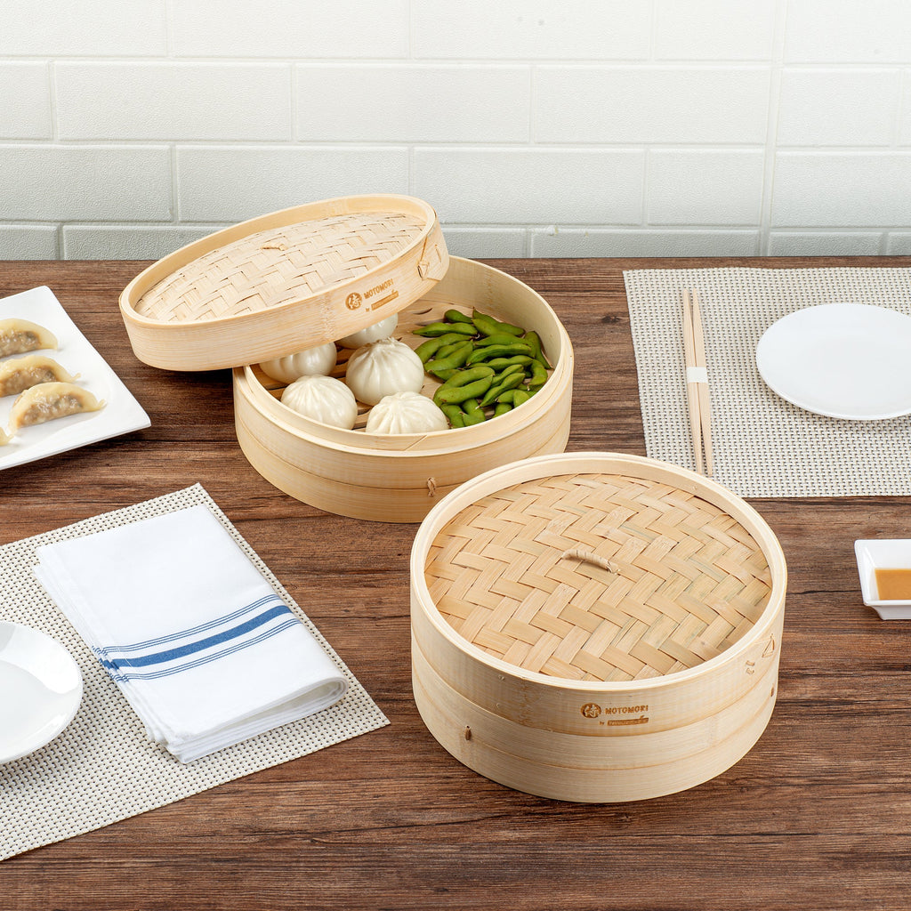 Motomori Round Natural Bamboo Steamer - 10'' x 10'' x 4'' - 1 count box