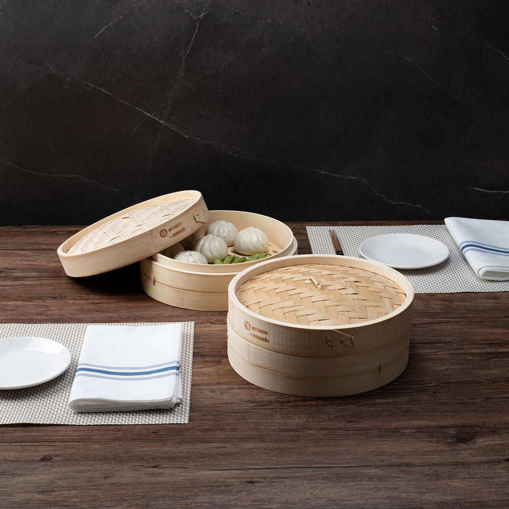 Motomori Round Natural Bamboo Steamer - 10'' x 10'' x 4'' - 1 count box