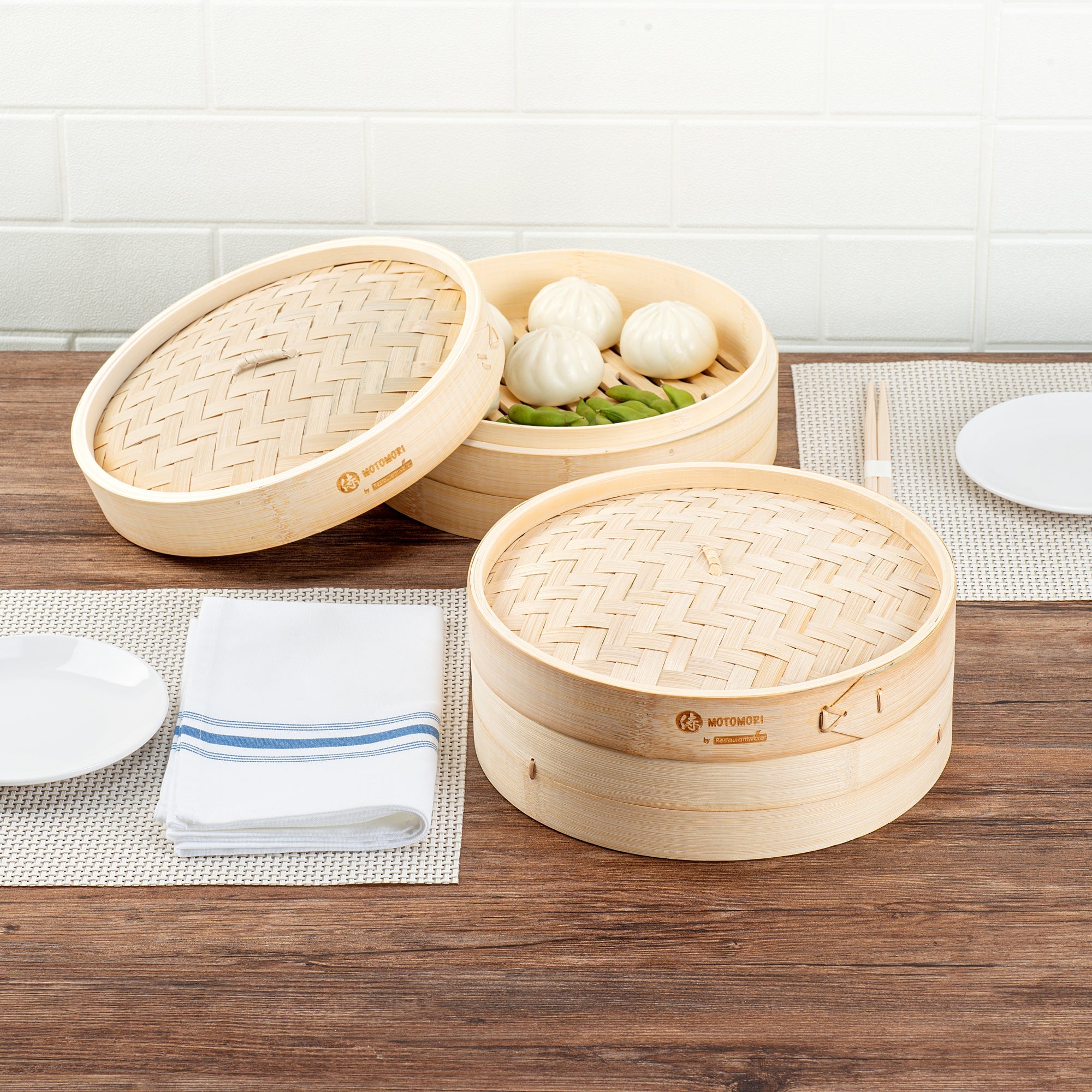 Motomori Round Natural Bamboo Steamer - 10'' x 10'' x 4'' - 10 count box