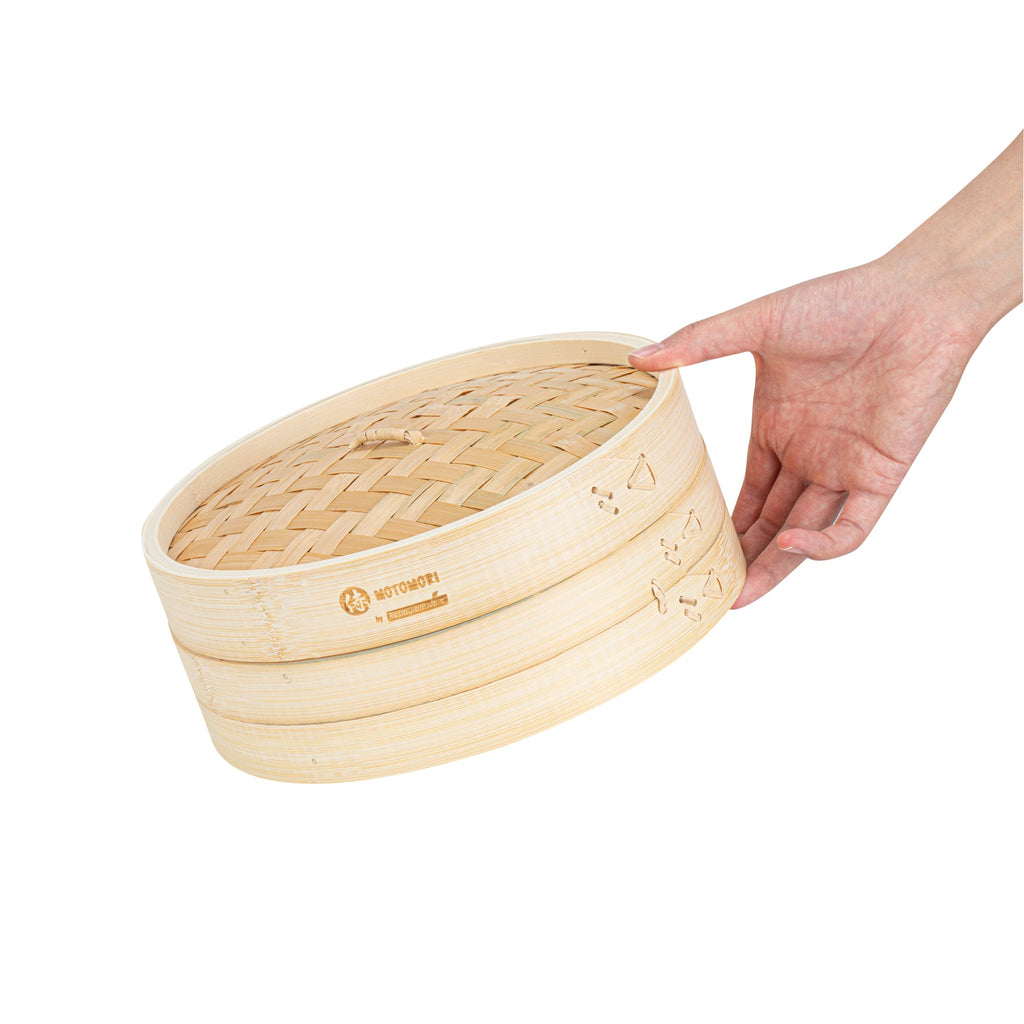Motomori Round Natural Bamboo Steamer - 10'' x 10'' x 4'' - 10 count box
