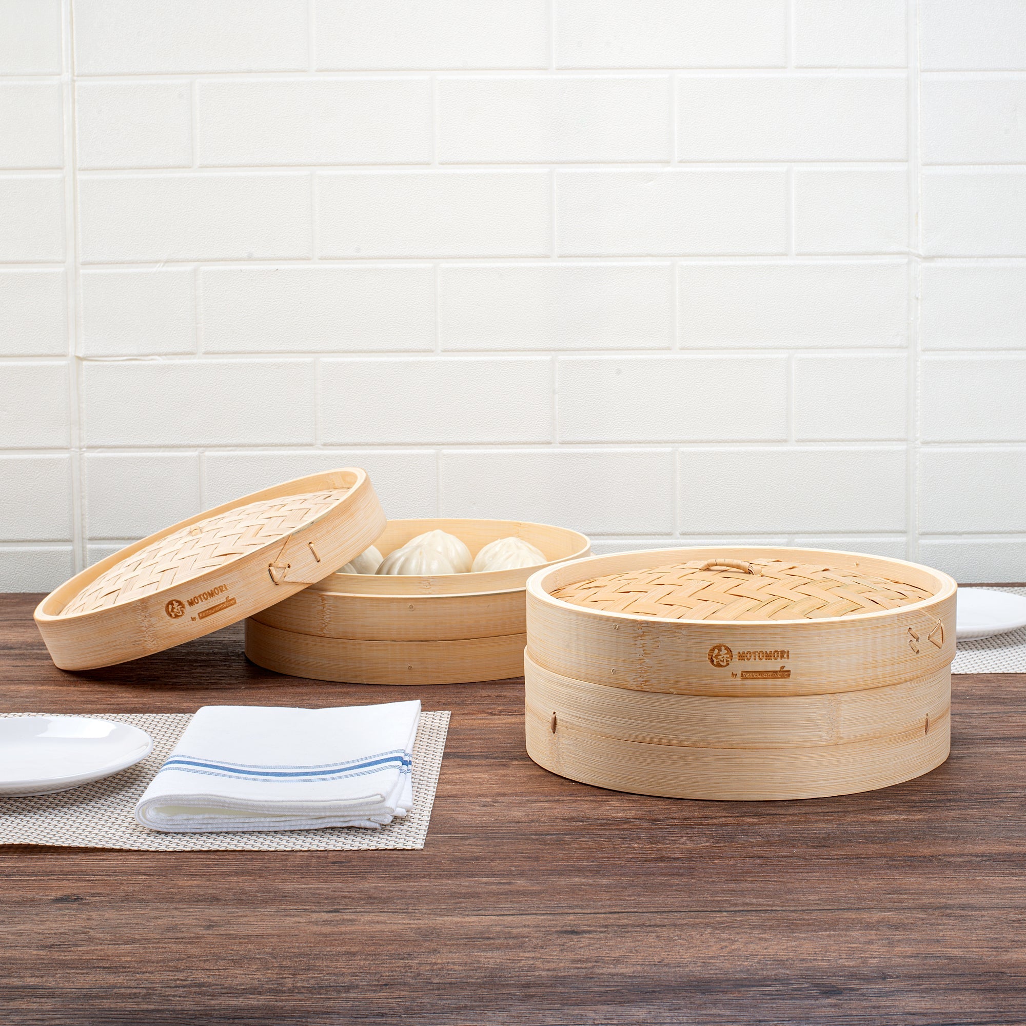 Motomori Round Natural Bamboo Steamer - 10'' x 10'' x 4'' - 10 count box