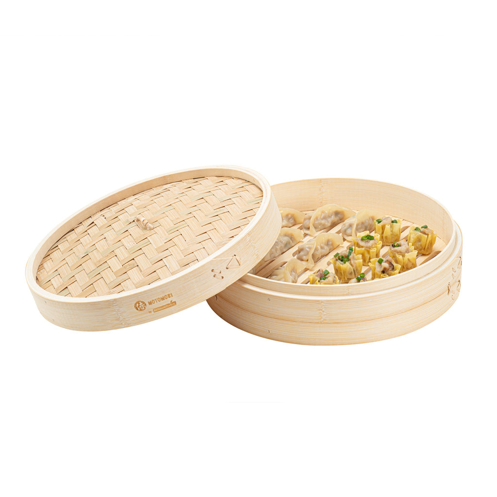 Motomori Round Natural Bamboo Steamer - 12'' x 12'' x 4'' - 1 count box
