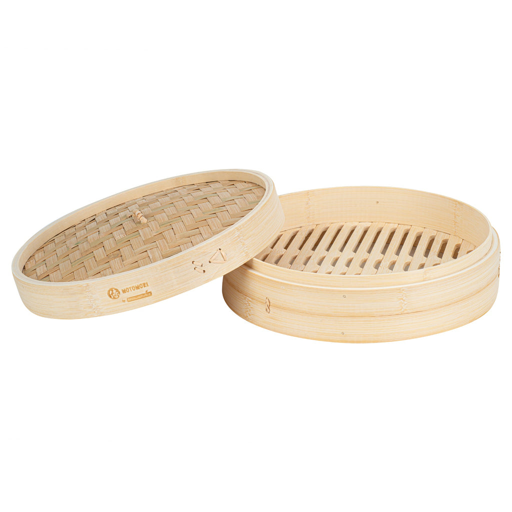 Motomori Round Natural Bamboo Steamer - 12'' x 12'' x 4'' - 1 count box