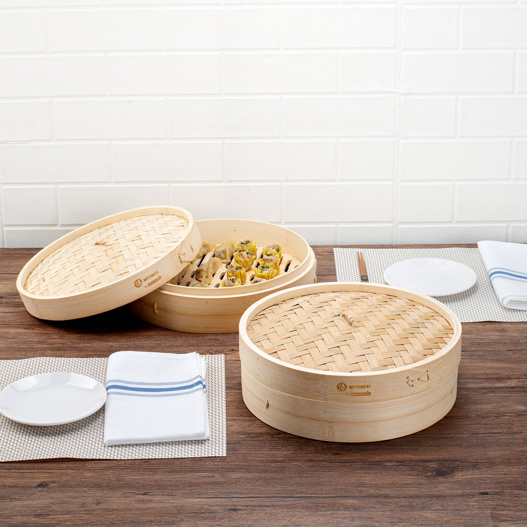 Motomori Round Natural Bamboo Steamer - 12'' x 12'' x 4'' - 10 count box