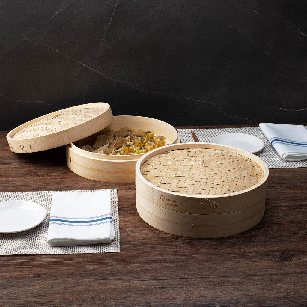 Motomori Round Natural Bamboo Steamer - 12'' x 12'' x 4'' - 10 count box