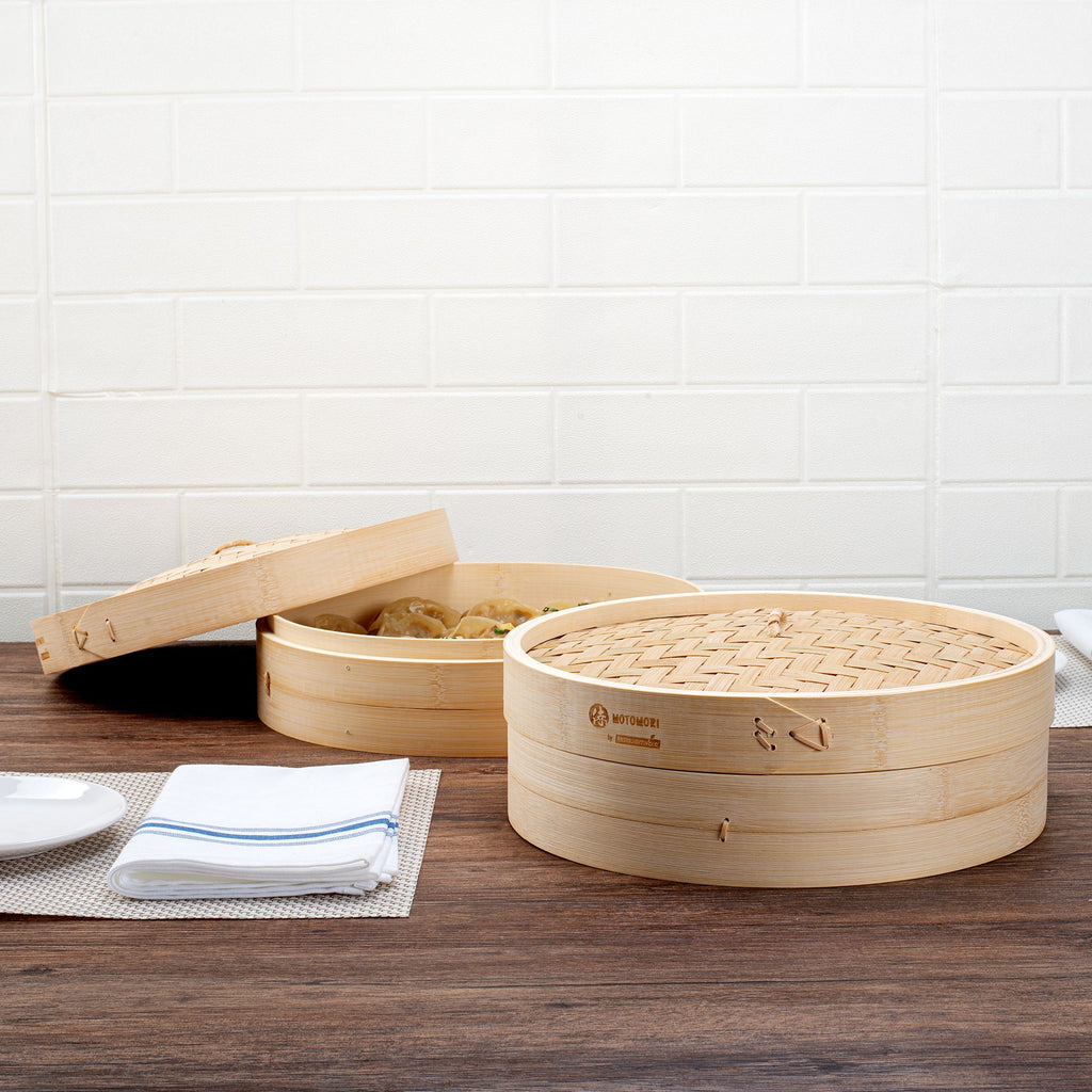 Motomori Round Natural Bamboo Steamer - 12'' x 12'' x 4'' - 10 count box