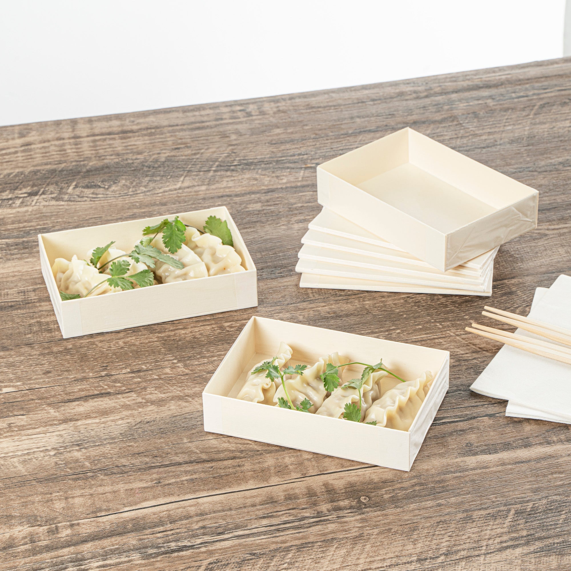 Taipei 25 oz Rectangle Natural Poplar Bento Box - 7" x 4 1/2" x 1 1/2" - 100 count box