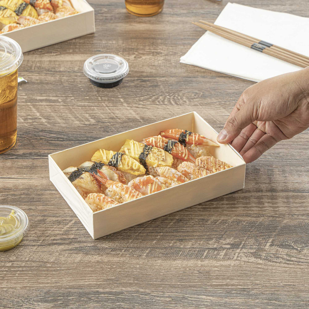 Taipei 31 oz Rectangle Natural Poplar Bento Box - 8" x 4 3/4" x 1 1/2" - 10 count box
