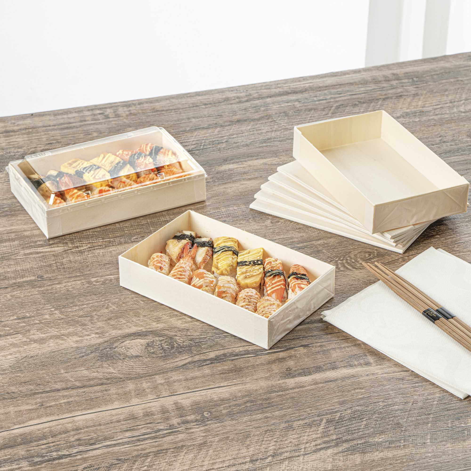 Taipei 31 oz Rectangle Natural Poplar Bento Box - 8" x 4 3/4" x 1 1/2" - 10 count box