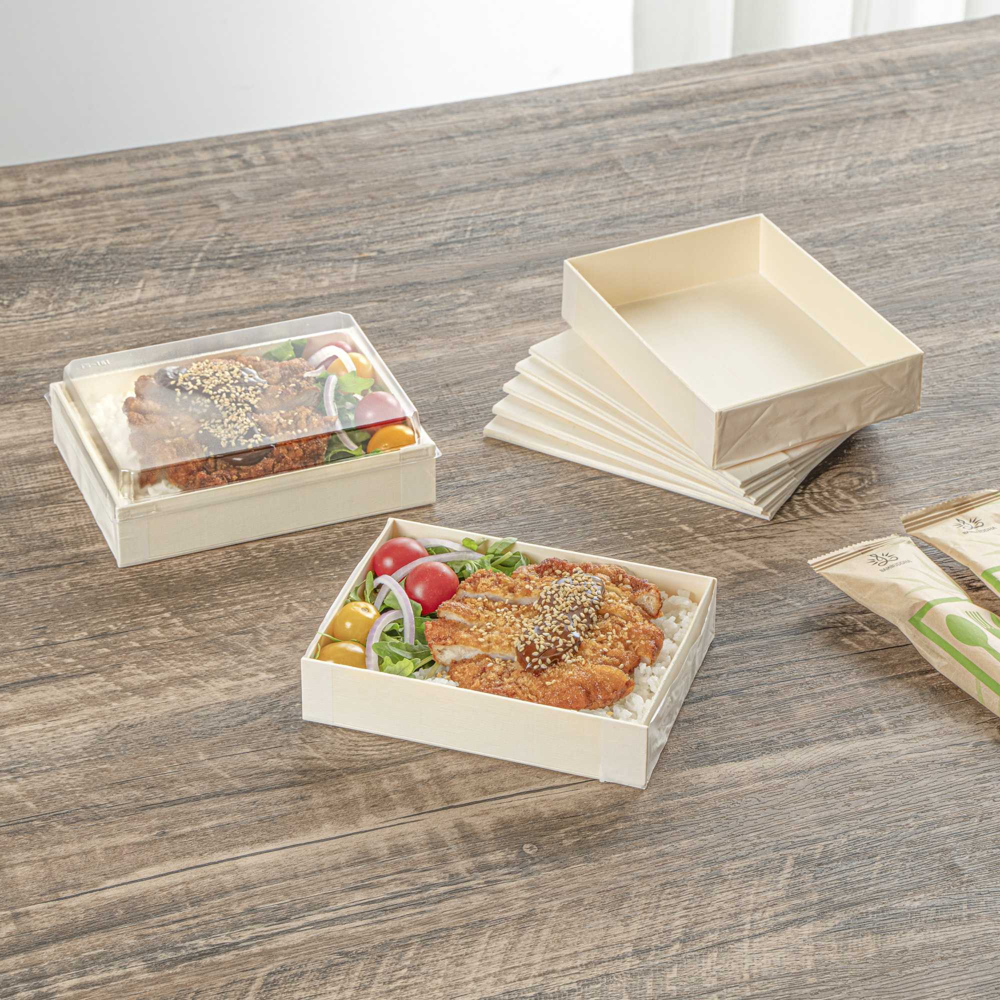 Taipei 24 oz Rectangle Natural Poplar Bento Box - 6 1/2" x 4 3/4" x 1 1/2" - 10 count box