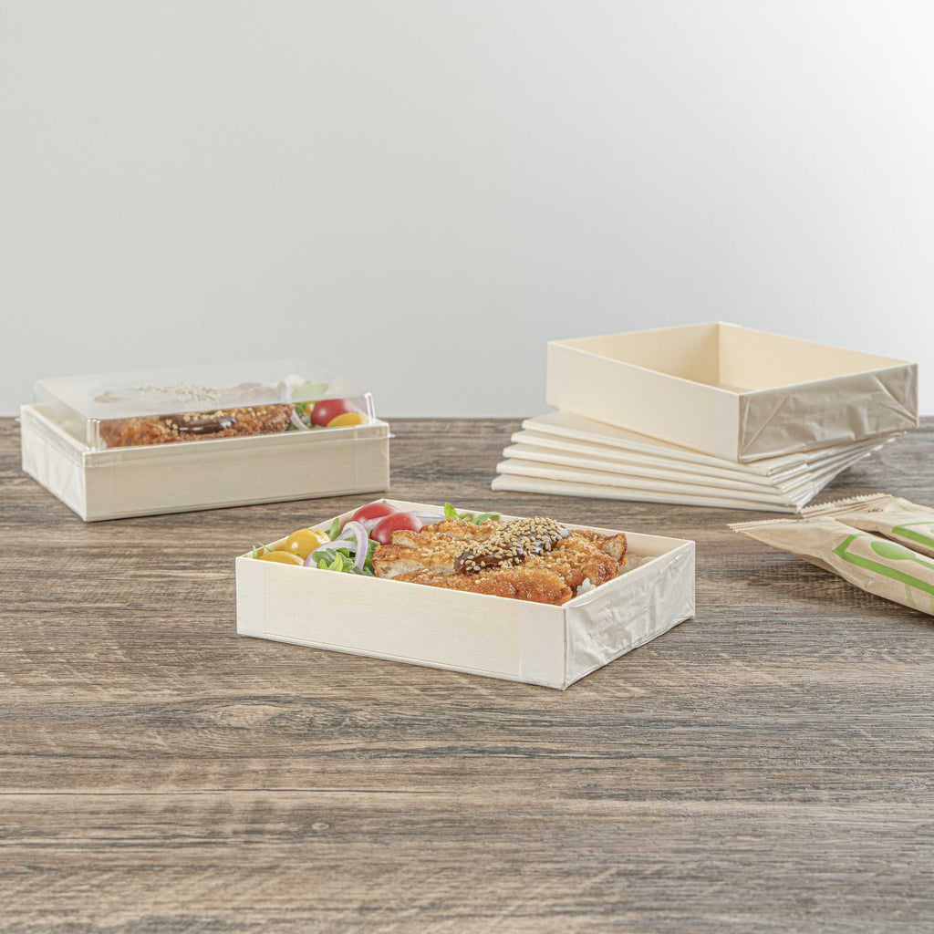 Taipei 24 oz Rectangle Natural Poplar Bento Box - 6 1/2" x 4 3/4" x 1 1/2" - 10 count box