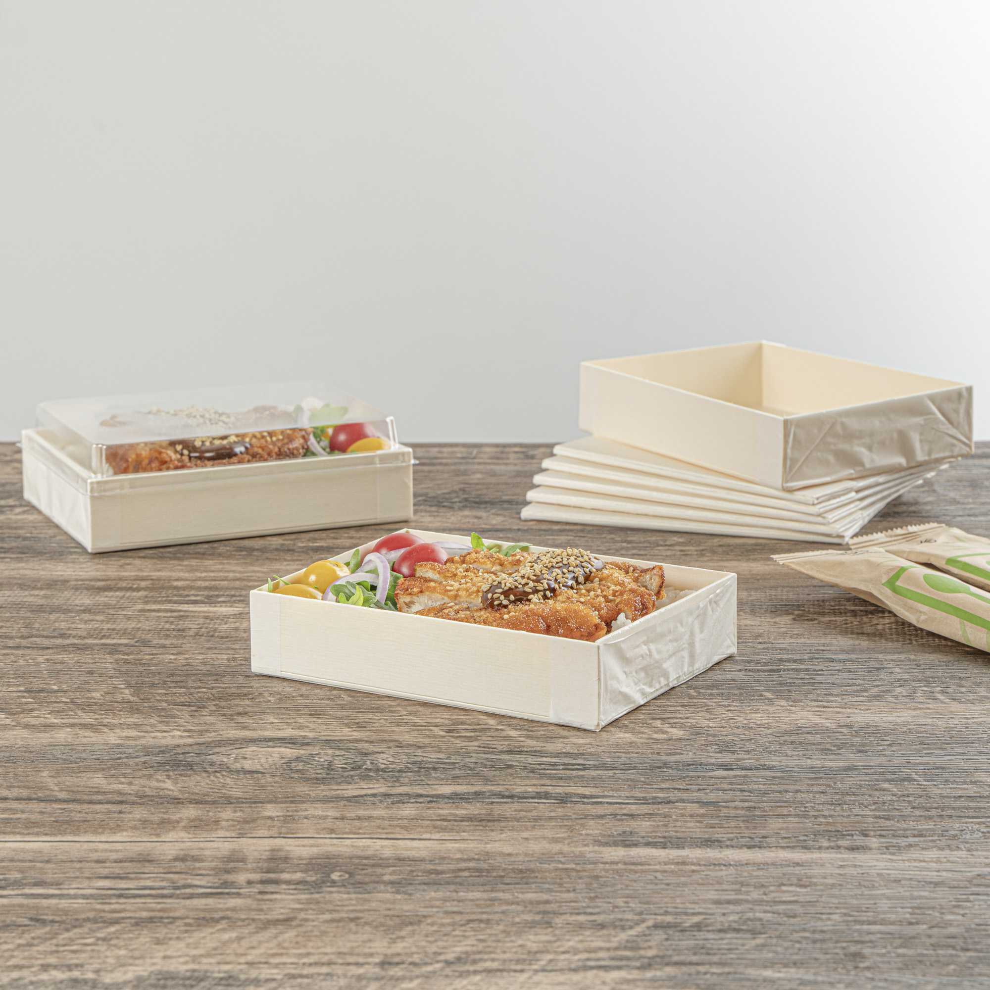 Taipei 24 oz Rectangle Natural Poplar Bento Box - 6 1/2" x 4 3/4" x 1 1/2" - 10 count box