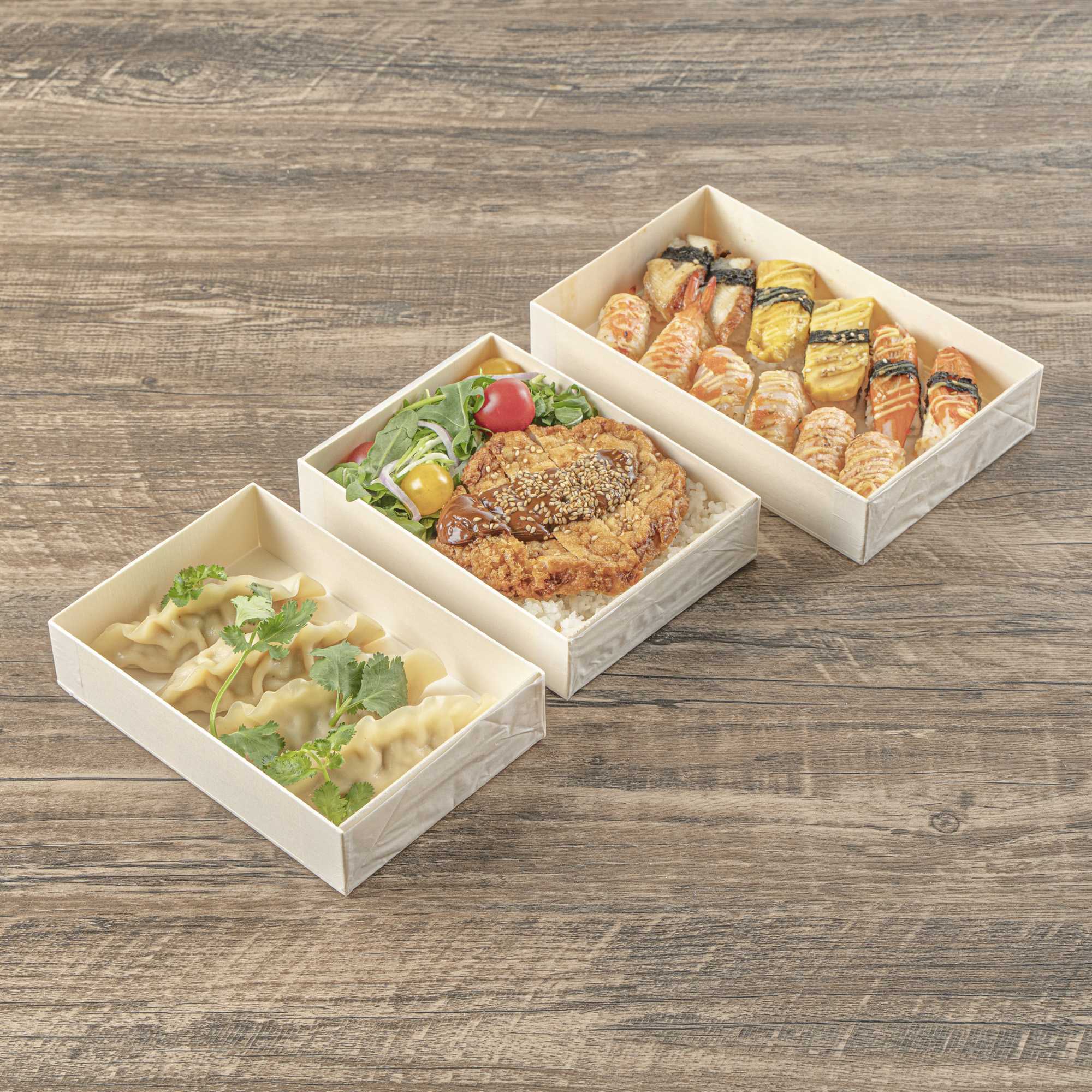 Taipei 24 oz Rectangle Natural Poplar Bento Box - 6 1/2" x 4 3/4" x 1 1/2" - 10 count box