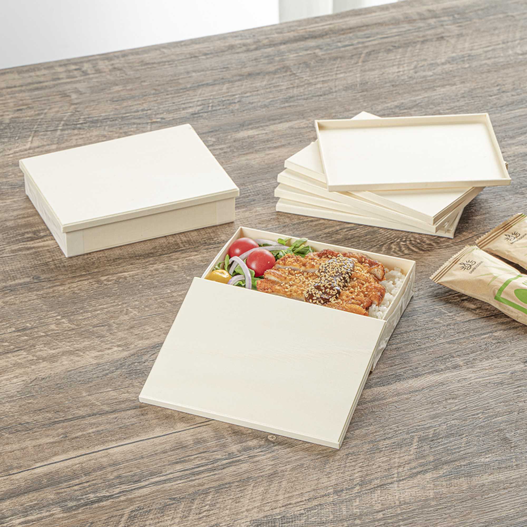 Taipei Rectangle Natural Poplar Lid - Fits 24 oz Bento Box - 10 count box