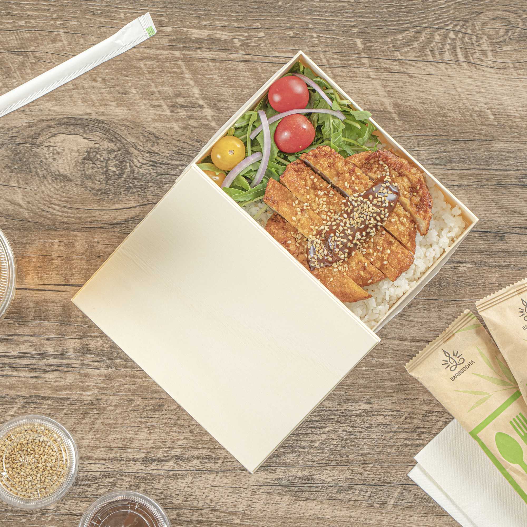 Taipei Rectangle Natural Poplar Lid - Fits 24 oz Bento Box - 10 count box