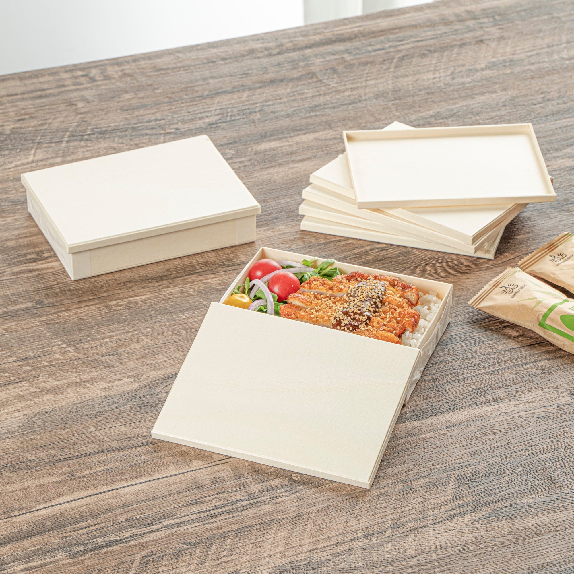 Taipei Rectangle Natural Poplar Lid - Fits 24 oz Bento Box - 100 count box