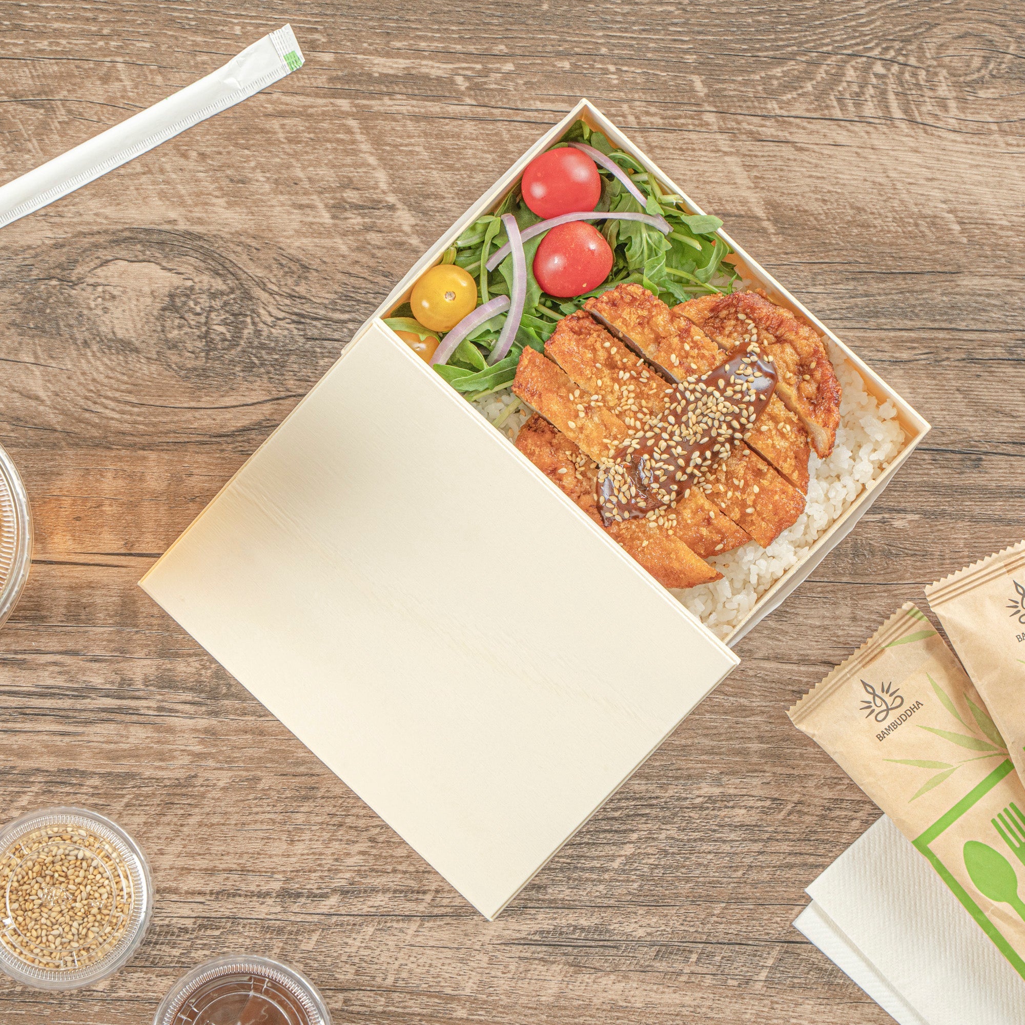 Taipei Rectangle Natural Poplar Lid - Fits 24 oz Bento Box - 100 count box