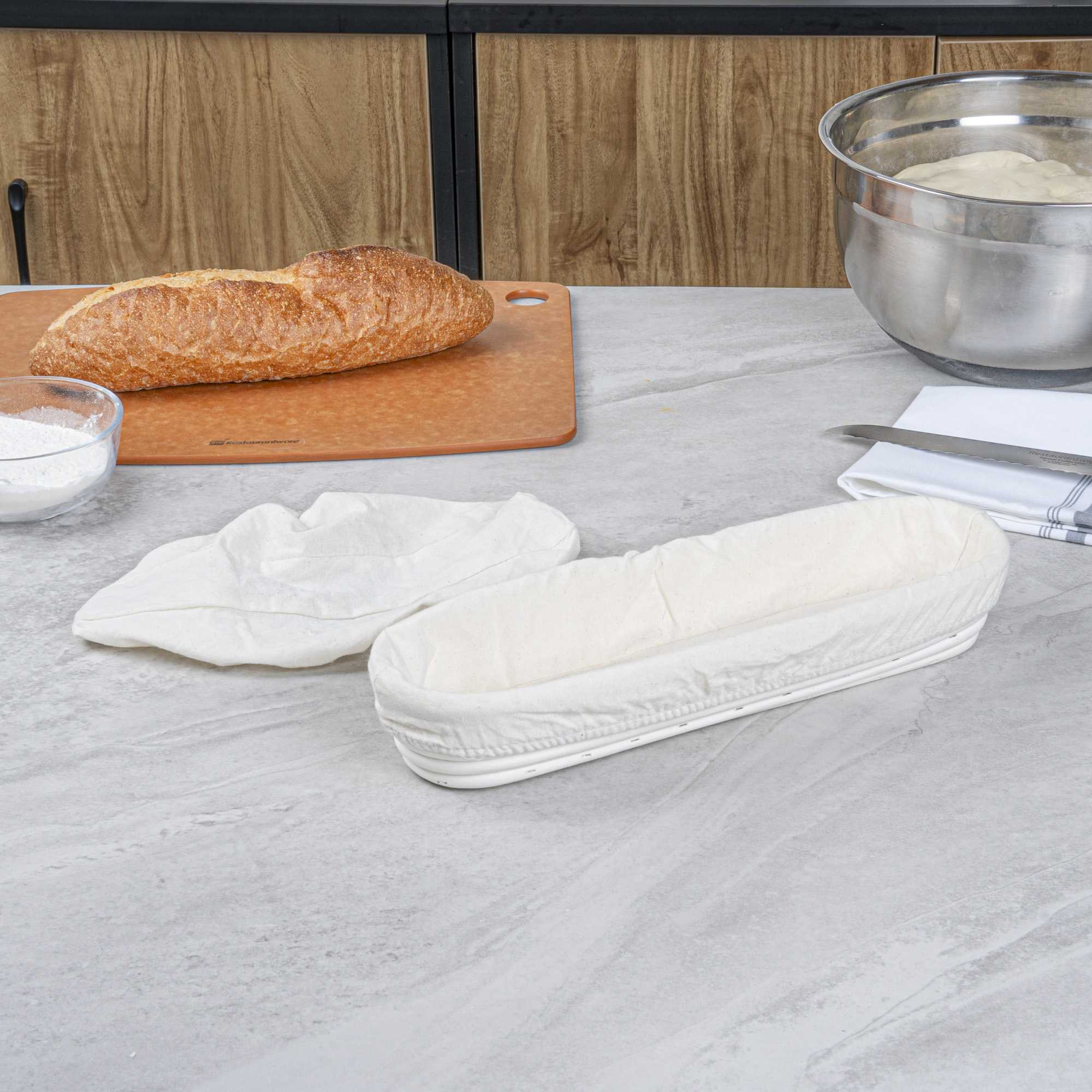 Pastry Tek Rattan Long Oval Natural Banneton Proofing Basket - with 2 Cotton Liners - 13 1/2" x 4" x 2 1/4" - 1 count box