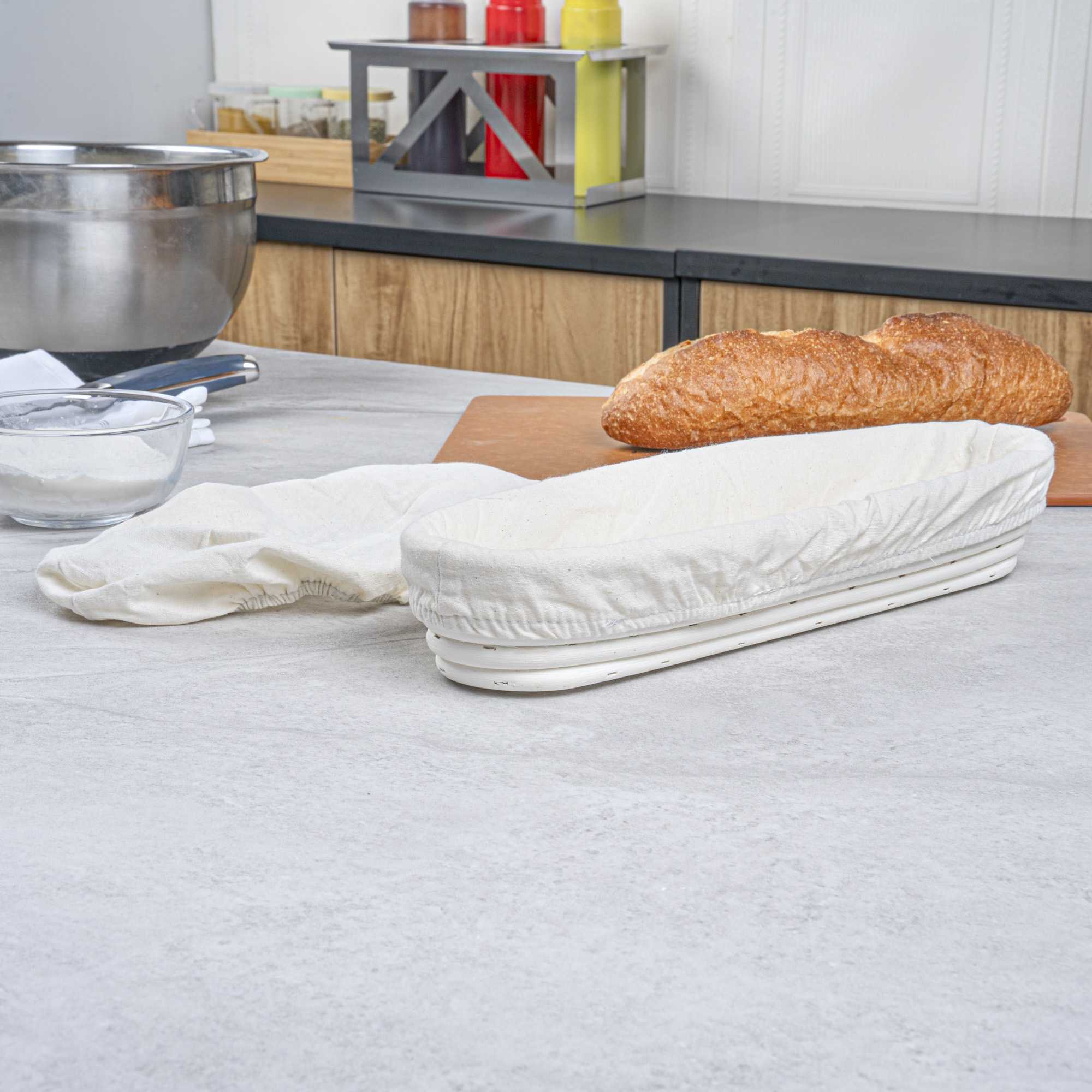 Pastry Tek Rattan Long Oval Natural Banneton Proofing Basket - with 2 Cotton Liners - 13 1/2" x 4" x 2 1/4" - 1 count box