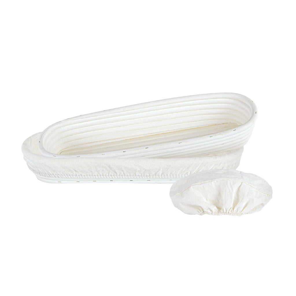 Pastry Tek Rattan Long Oval Natural Banneton Proofing Basket - with 2 Cotton Liners - 13 1/2" x 4" x 2 1/4" - 10 count box