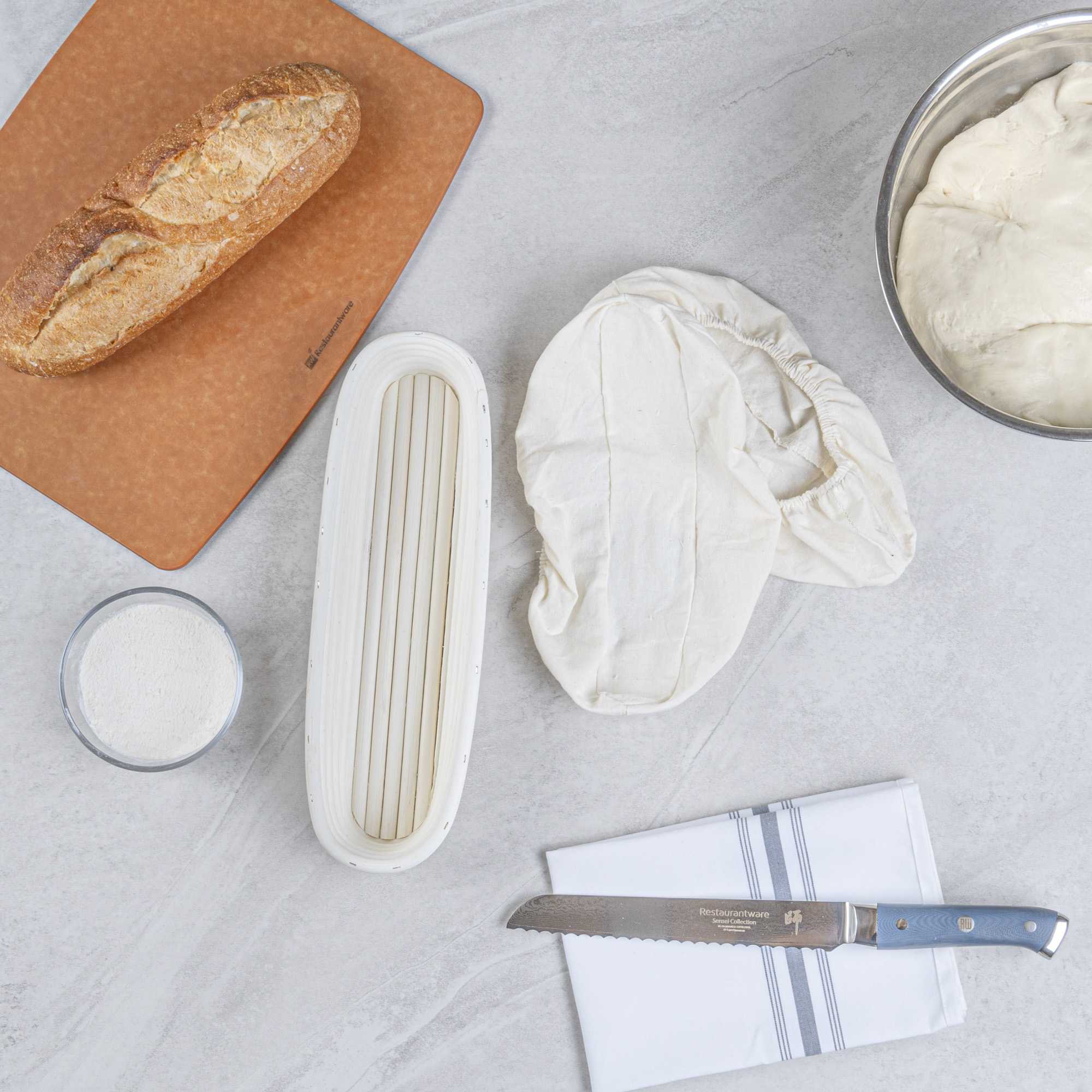 Pastry Tek Rattan Long Oval Natural Banneton Proofing Basket - with 2 Cotton Liners - 13 1/2" x 4" x 2 1/4" - 10 count box