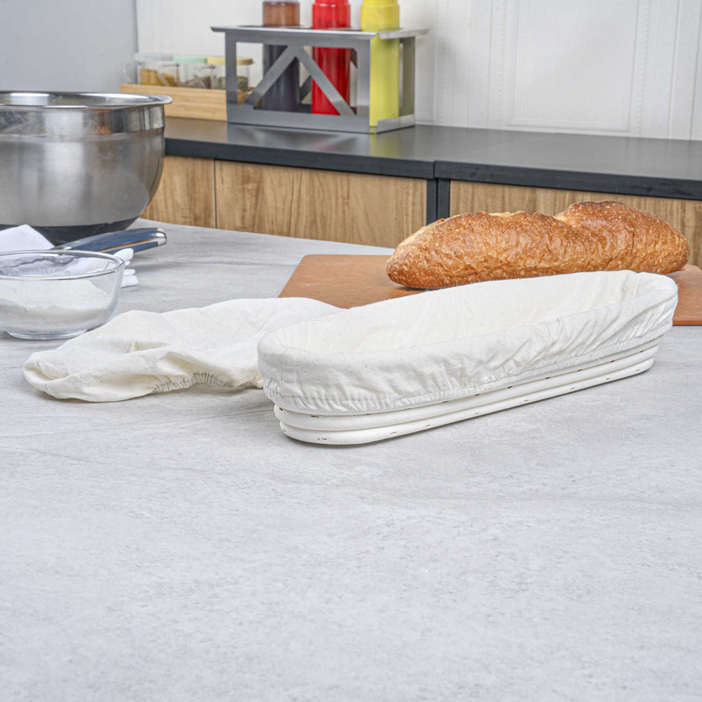 Pastry Tek Rattan Long Oval Natural Banneton Proofing Basket - with 2 Cotton Liners - 13 1/2" x 4" x 2 1/4" - 10 count box