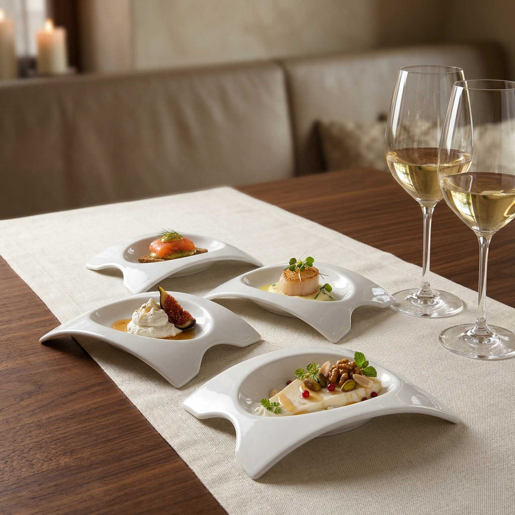 Chef 101 Rectangle White Porcelain Mini Concavo Dish - 4" x 3" x 3/4" - 10 count box